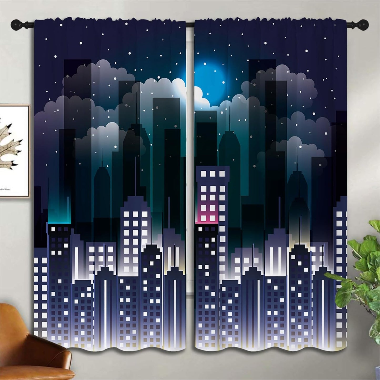 Superhero Rod Pocket Blackout Curtains for Boy Girl Bedroom, Violet Night Sky Buildings Cityscape Home Energy Efficient Light Filtering Window Curtain for Living Room,63x63 inch