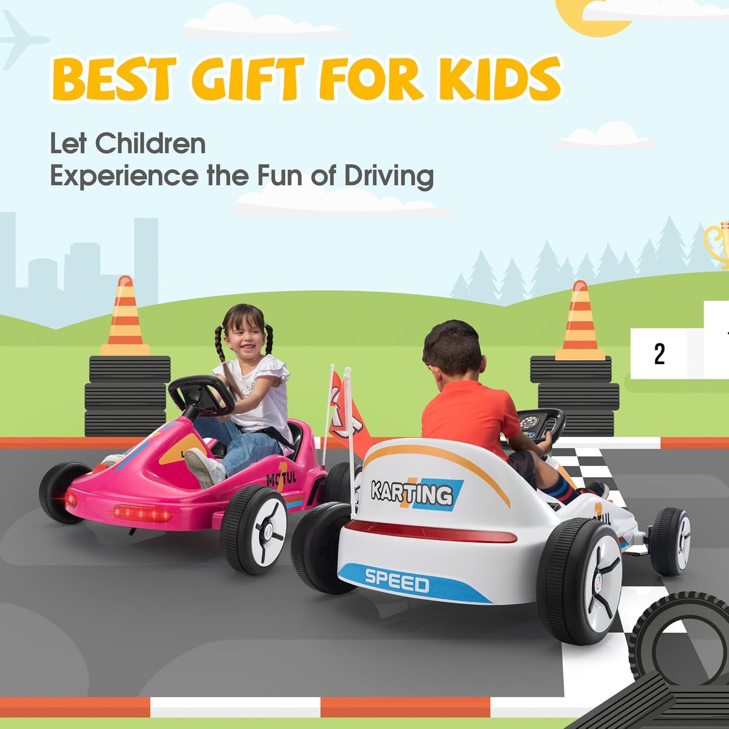 TOBBI 12V Electric Go Kart for Kids Battery Powered Ride on Car Outdoor Race Toy with Remote Control, Safety Belt, Music, LED Lights and Flags for Toddlers 3-8 Years, White