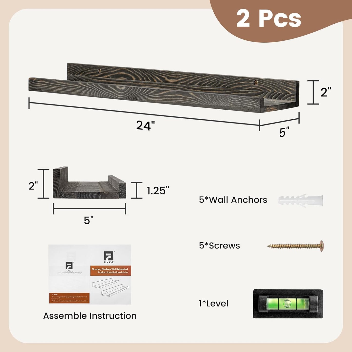 24 Inches Floating Shelves for Wall, Solid Pine Wood Picture Ledge Shelves, Wall Shelves with Lips, Nursery Book Shelves for Toys Storage Living Room Bedroom Photo Frames (2 Pcs, Grey)