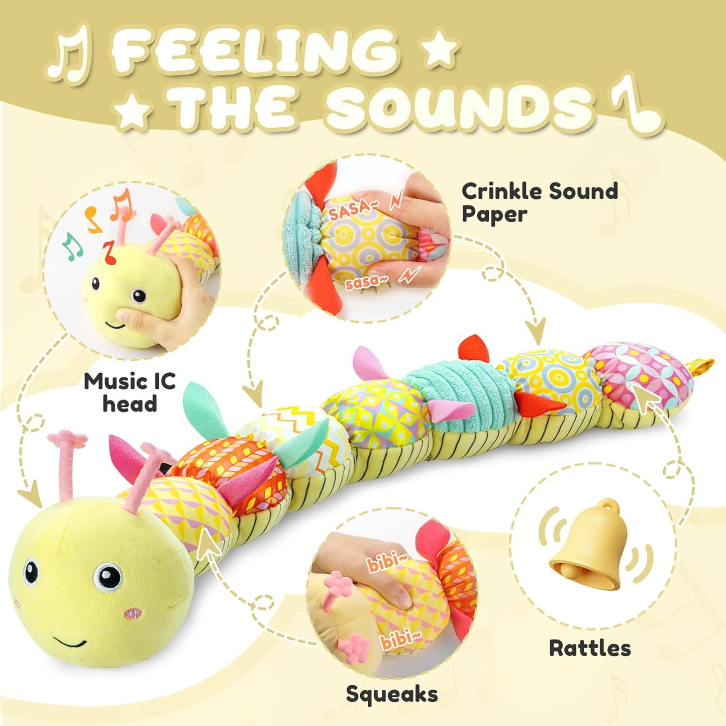 Baby Toys 0 to 12 Months, Musical Stuffed Animal Activity Soft Toys with Multi-Sensory Crinkle, Rattle and Textures, Infant Tummy Time Toys for Newborn Boys Girls, Caterpillar, Yellow