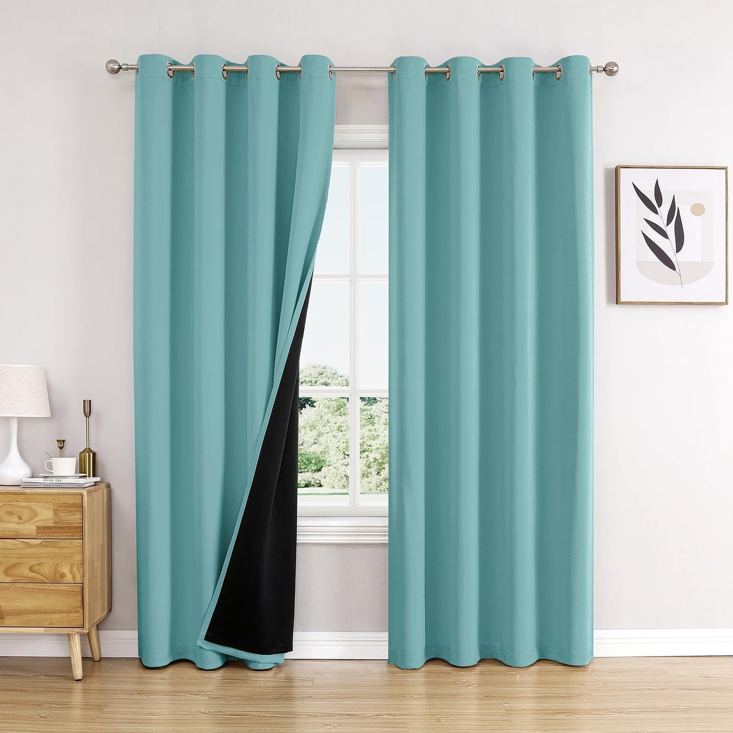 ChrisDowa 100% Blackout Curtains 80 inch Long for Bedroom with Black Liner, 2 Thick Layers Total Blackout Thermal Insulated Grommet Window Curtains 2 Panels Set (Aqua, 52 x 80 Inch)
