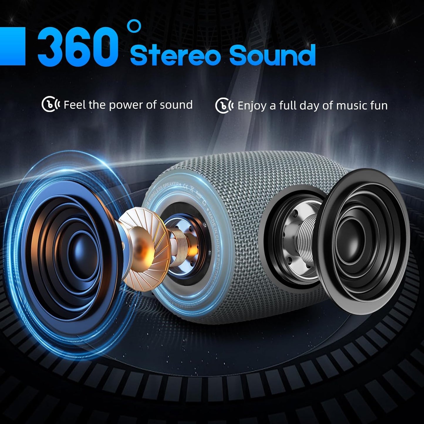 Portable Bluetooth Speaker, BT5.3 Wireless Speaker 20W Bass Diaphragms with Multi LED Light Dynamic Modes, IPX6 Waterproof 16H Playtime supports FM Mode, TF, USB for Home, Cycling, Outdoor, Beach