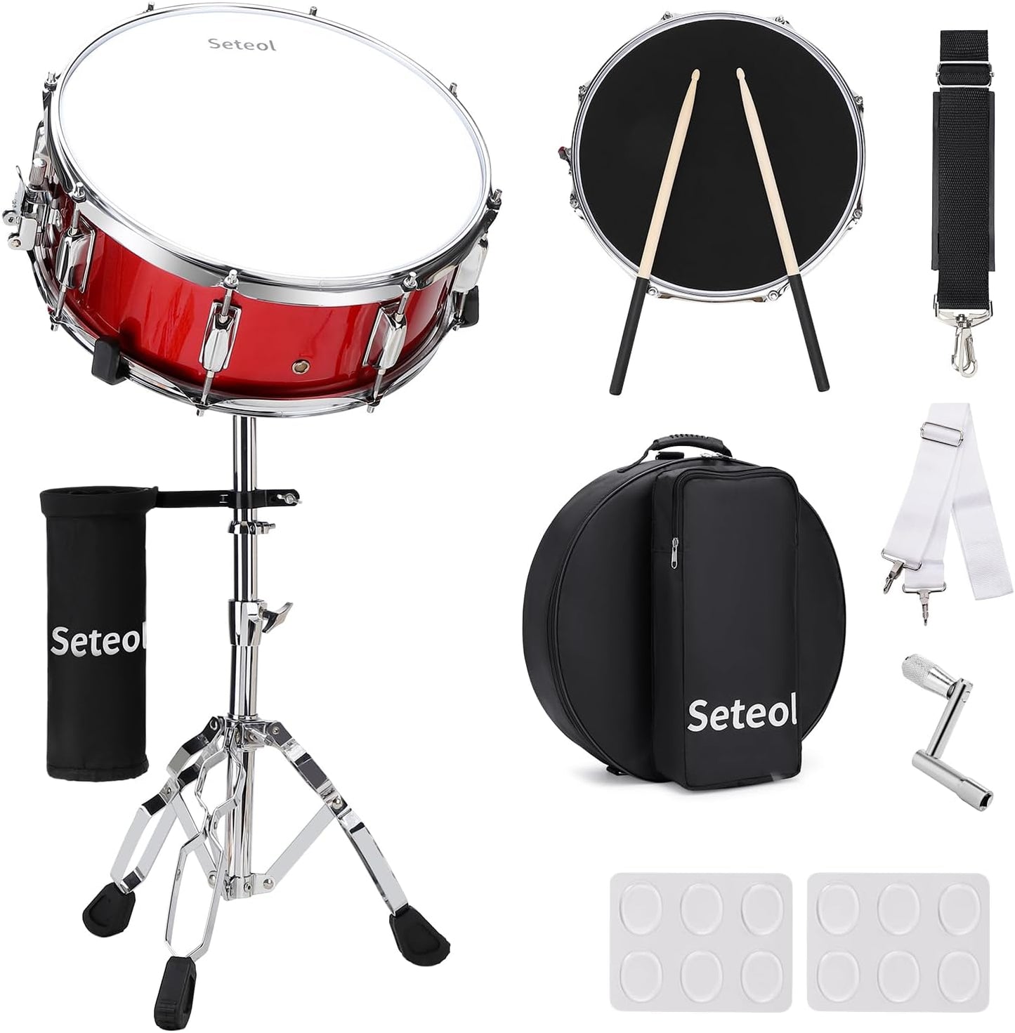 Snare Drum Set, 14" x 5.5" Marching Snare Drum with Stand & Storage Padded Bag + Silent Mute Pad + Drums Sticks + Drumstick Holder + Drums Key + Damper Gels for Adults Kids Beginners (Red)