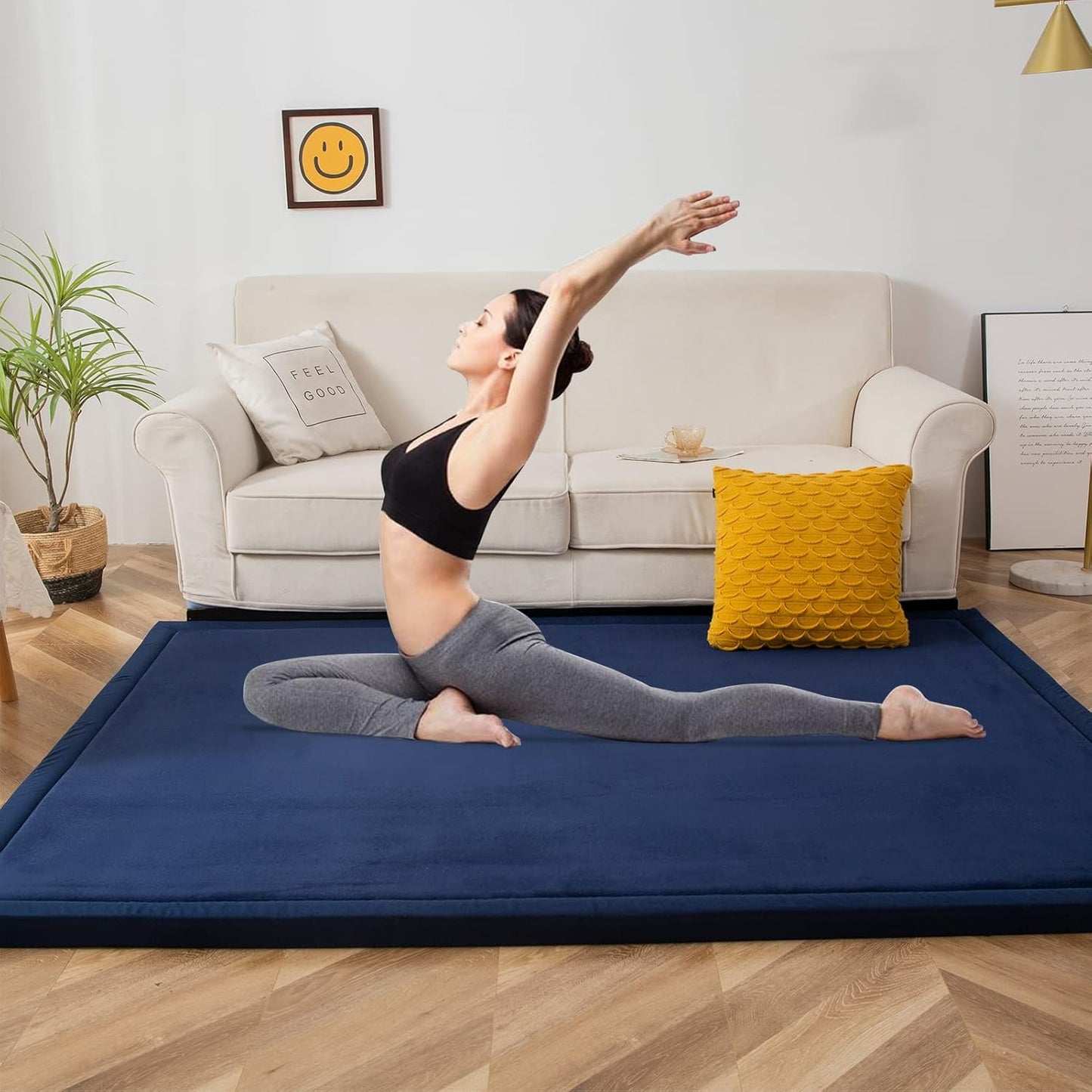 MAXYOYO Coral Velvet Area Rug, Thick Japanese Tatami Mat Living Room Carpet with Non-Slip Backing, Large Solid Color Mat for Bedroom Dormitory Yoga, Navy, 59 by 78 inch