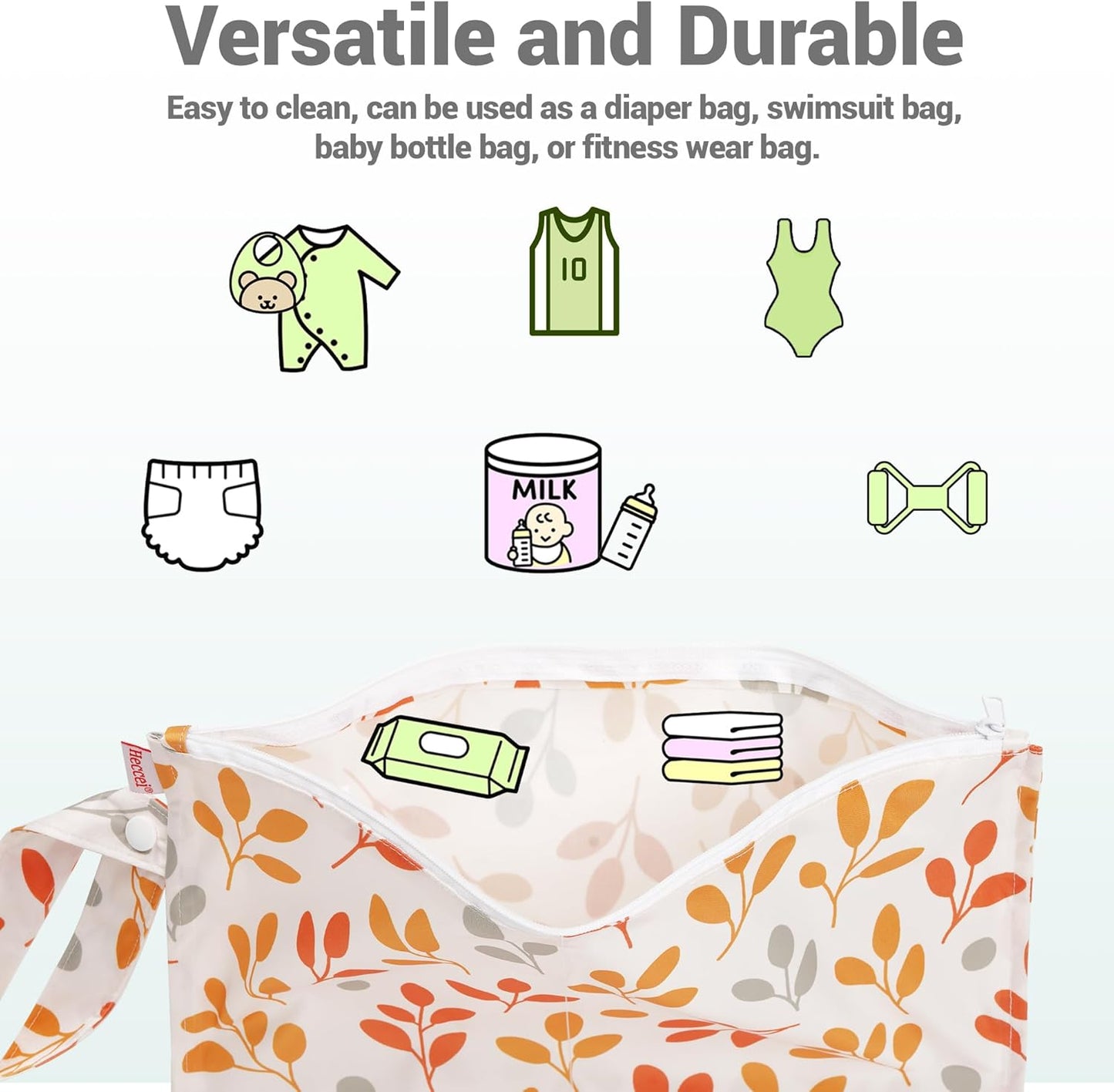 HECCEI Wet Dry Bag, 2-Pack Reusable Waterproof Wet Bagsfor Swimsuits & Baby Clothes, Leakproof Cloth Diaper Wet Bags for Travel & Diaper Changes (Leafy Canopy)