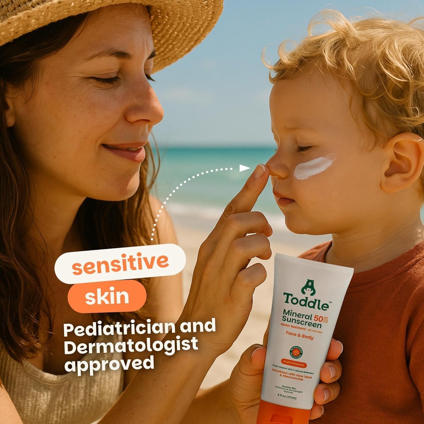 Prebiotic Mineral Sunscreen SPF 50 for Kids & Baby, Face & Body Sun Protection, Reef Safe, Non-Toxic Zinc Oxide Broad Spectrum, Water-Resistant, No White Cast, Travel Size 1.7oz & 6oz Bundle