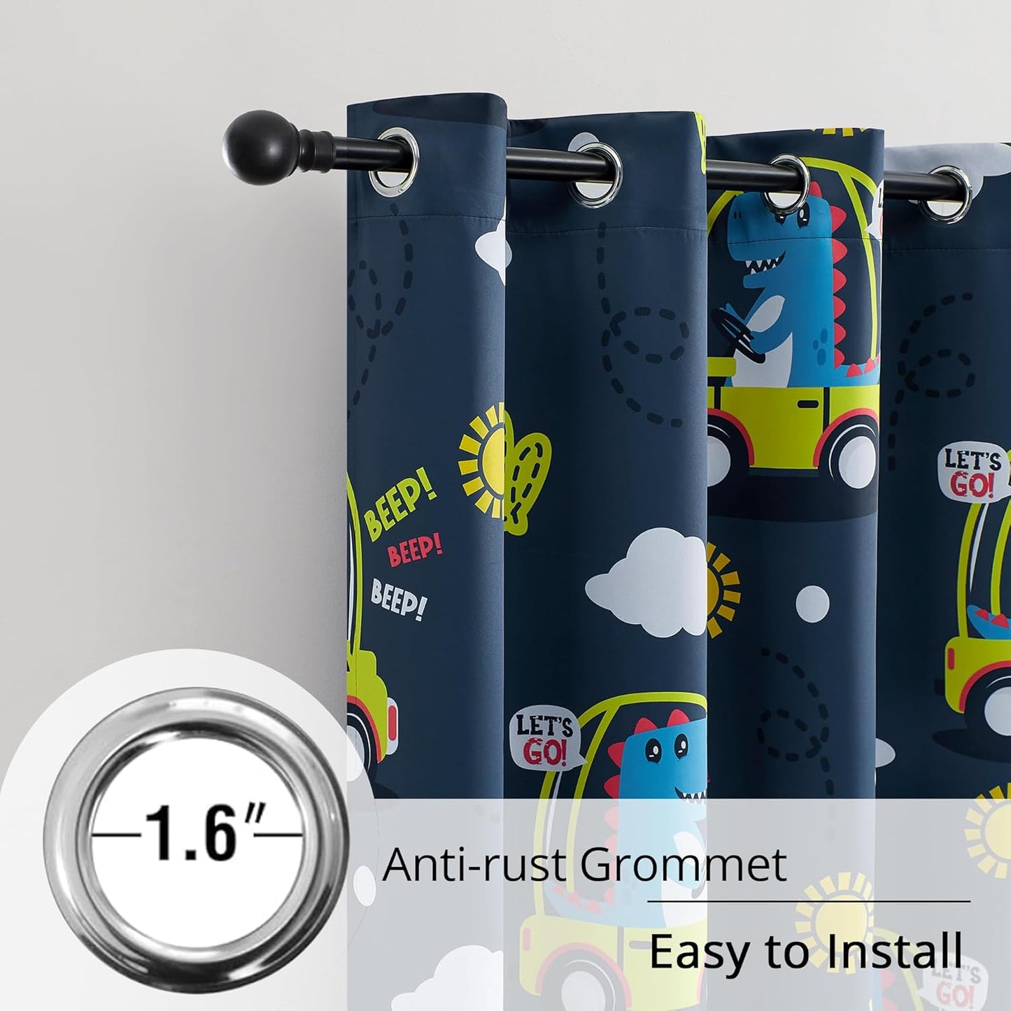 Kids Dinosaur Blackout Curtains - 2 Panels, Each W52*L84 with 100% Blackout, Thermal Insulated, and Noise Reducing, Perfect for Kids Room, Bedroom, Nursery