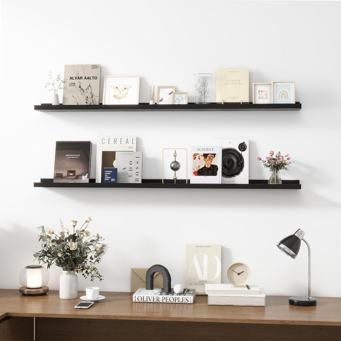 Picture Ledge Shelf, Wood Long Floating Shelves for Wall, Set of 2, 56 inch Picture Ledge Shelves, Photo Ledge Nursery Book Shelves Wall Mounted for Living Room Kids' Room Bedroom, Color Black