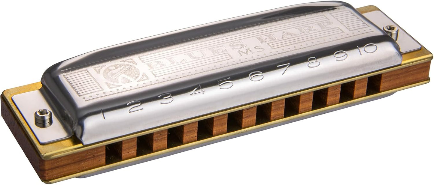 Hohner Harmonica 532 Blues Harp MS - Key of G Bundle with Case, Pouch, Harmonica Beginner Online Manual, and Austin Bazaar Polishing Cloth