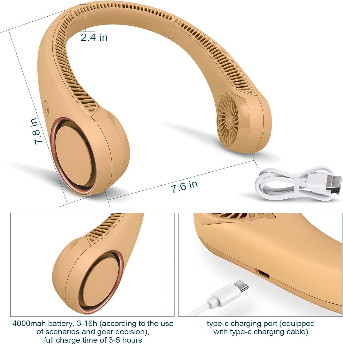 CIVPOWER Neck Fan: Portable Personal Neck Cooling Rechargeable Bladeless Fan - Hands Free 3 Speed 4000 mAh Battery USB Operated Wearable Headphone Design - for Men Women Outdoor Indoor (Orange)