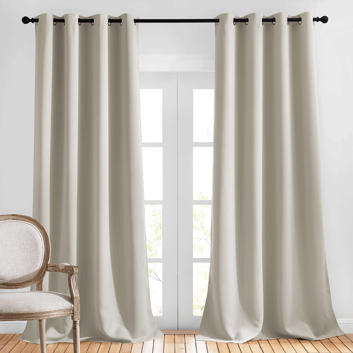 NICETOWN Bedroom Blackout Curtains & Drapes - Triple Weave Energy Saving Thermal Insulated Solid Grommet Sound Reducing Window Panels for Living Room, 1 Pair, Natural, W52 x L95