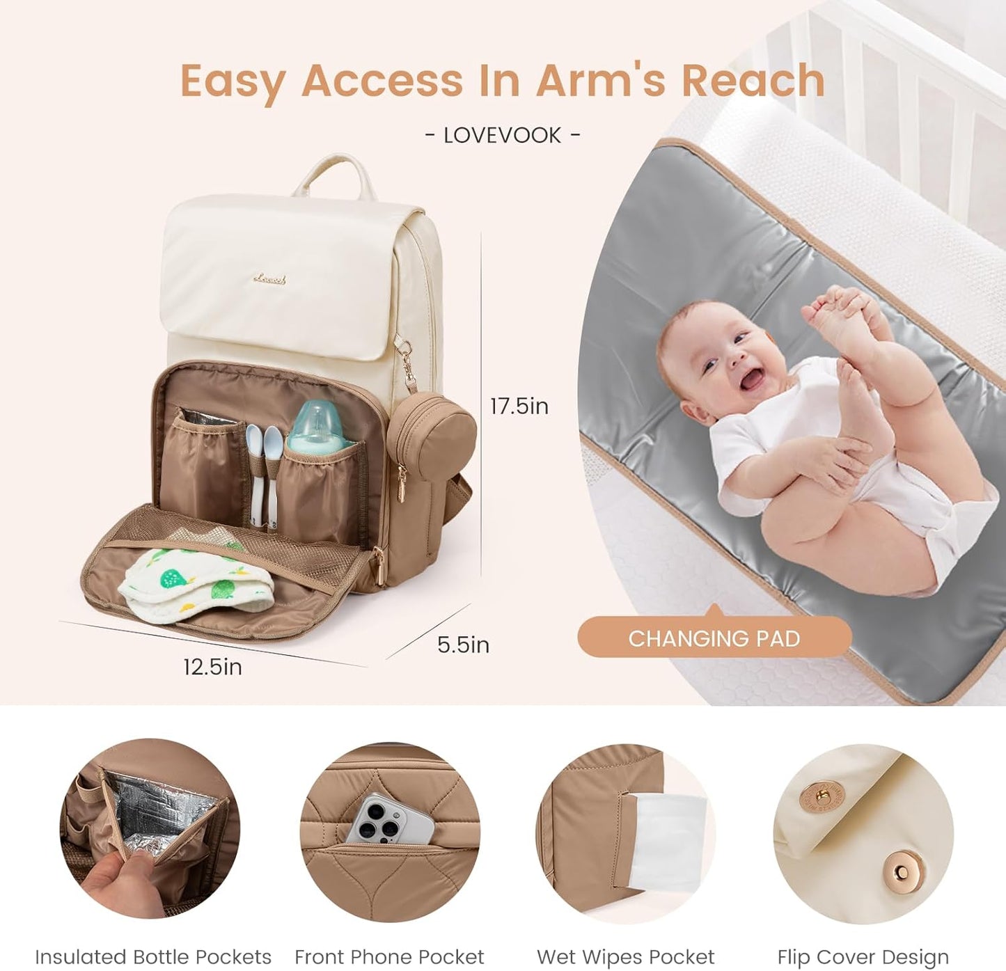 LOVEVOOK Diaper Bag Backpack, Baby Travel Bags for Boys & Girl, Toddler Waterproof Diaper Bag w/Changing Pad, Stroller Straps, Pacifier Case, Newborn Essentials Must Haves Mom