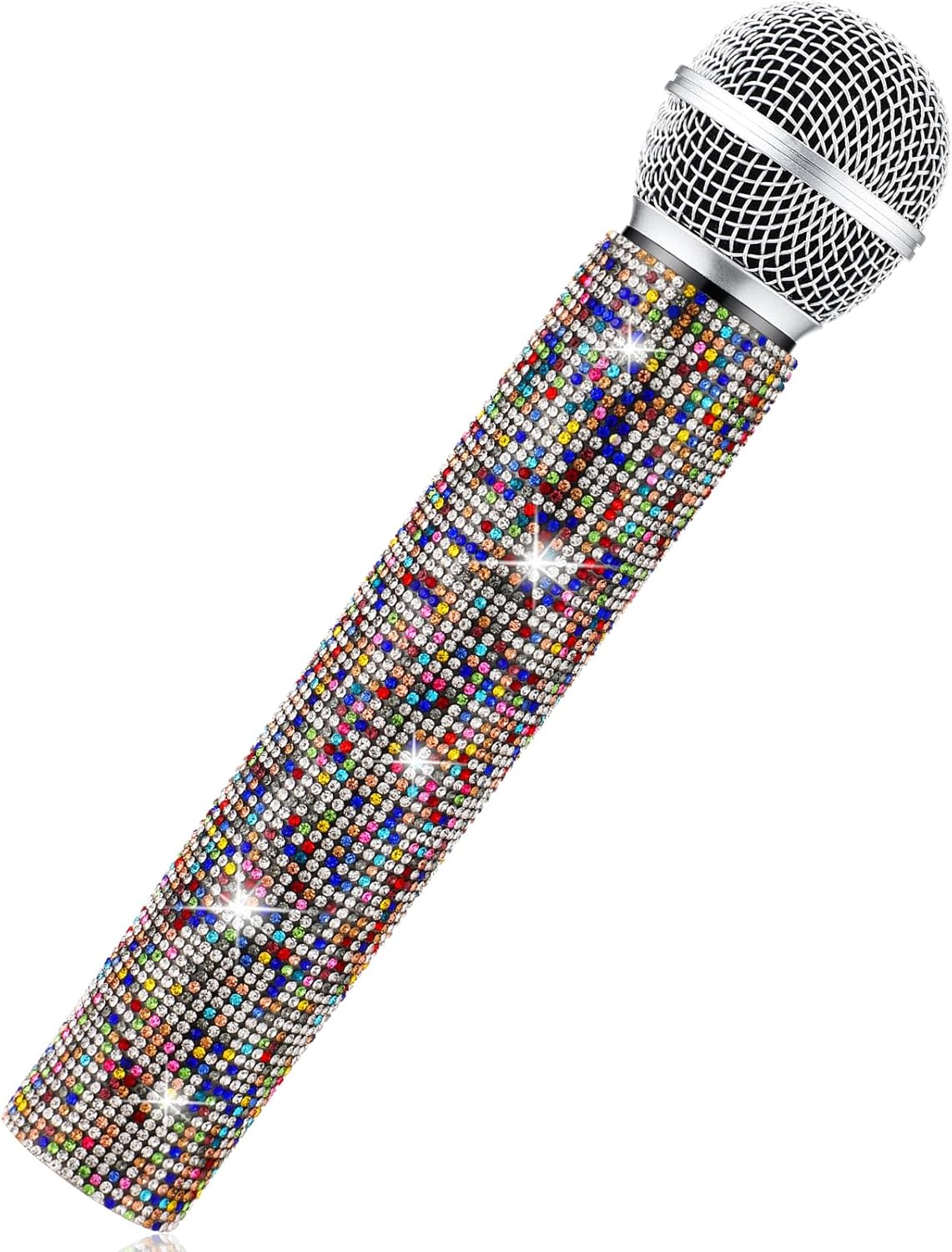 Sanwuta Fake Microphone Prop Sparkly Bling Rhinestones Plastic Play Microphone Pretend Glitter Bedazzled Mic for Cosplay Party Costume(Colorful)