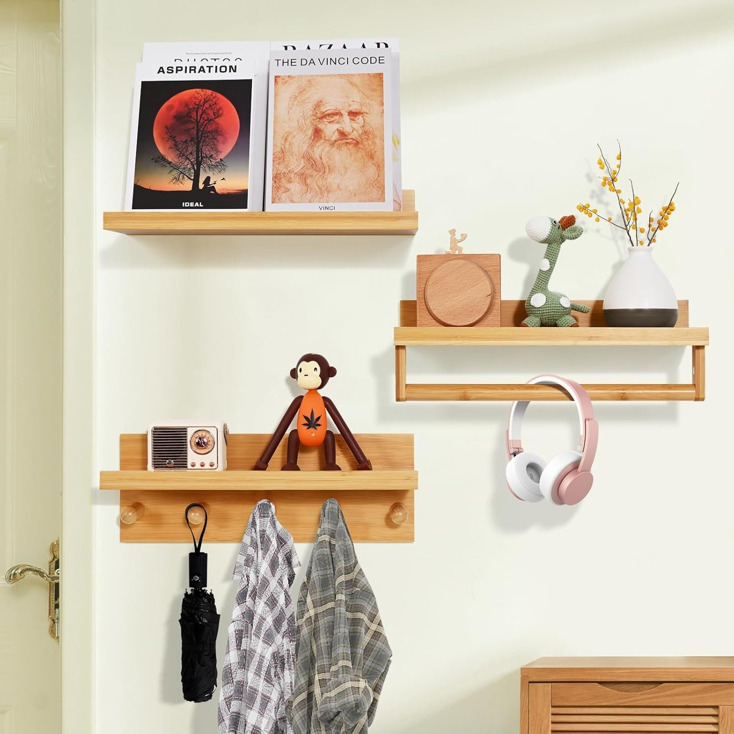 Ollieroo Set of Four Floating Book Shelves for Wall, Nursery Book Shelf for Kids Room, Bamboo Wood Hanging Bookshelf for Baby Teen Boys Girls, Wall Mounted Shelves for Bedroom Bathroom Decor(Natural)