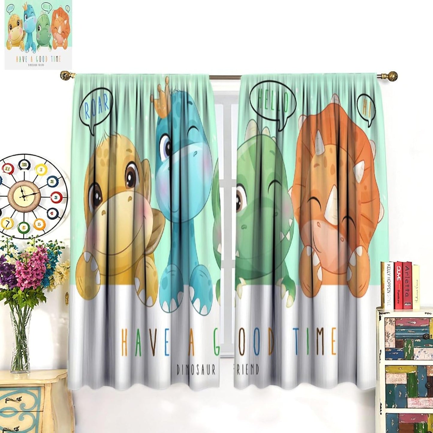 Kids Dinosaur Curtains for Boys Girls Bedroom Decor Cartoon Dino Colorful Cute Funny Animal Printed Blackout Rod Pocket Window Drapes for Baby Nursery Playroom Living Room W26xL84in 2 Panels