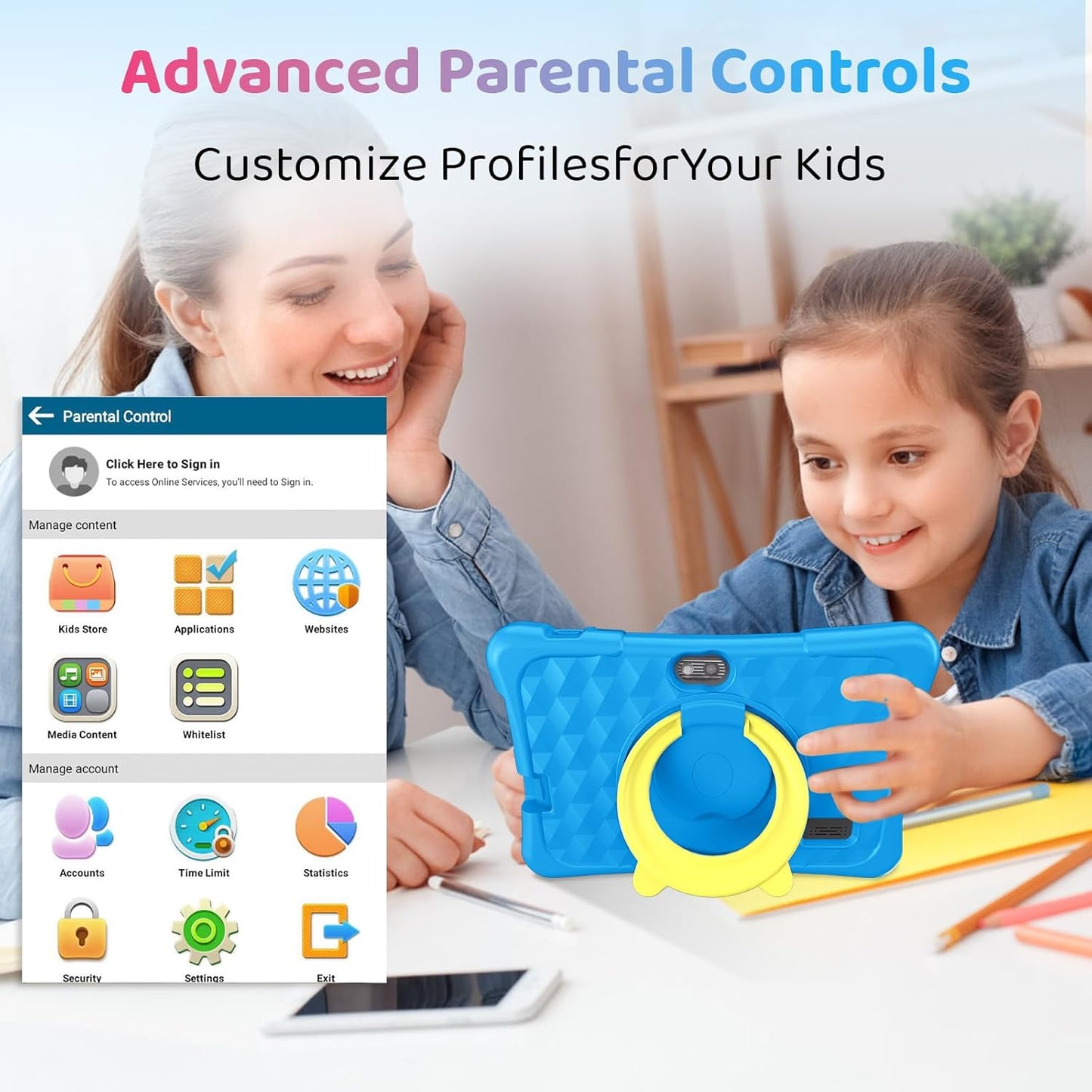 Kids Tablet, 7 inch Android 15 Tablet for Kids, 8GB+32GB 1TB Expand, Quad-Core Toddler Tablets with Shockproof Case, BT5.0, WiFi 5, Parental Control, Games, Dual Camera (Sky Blue)