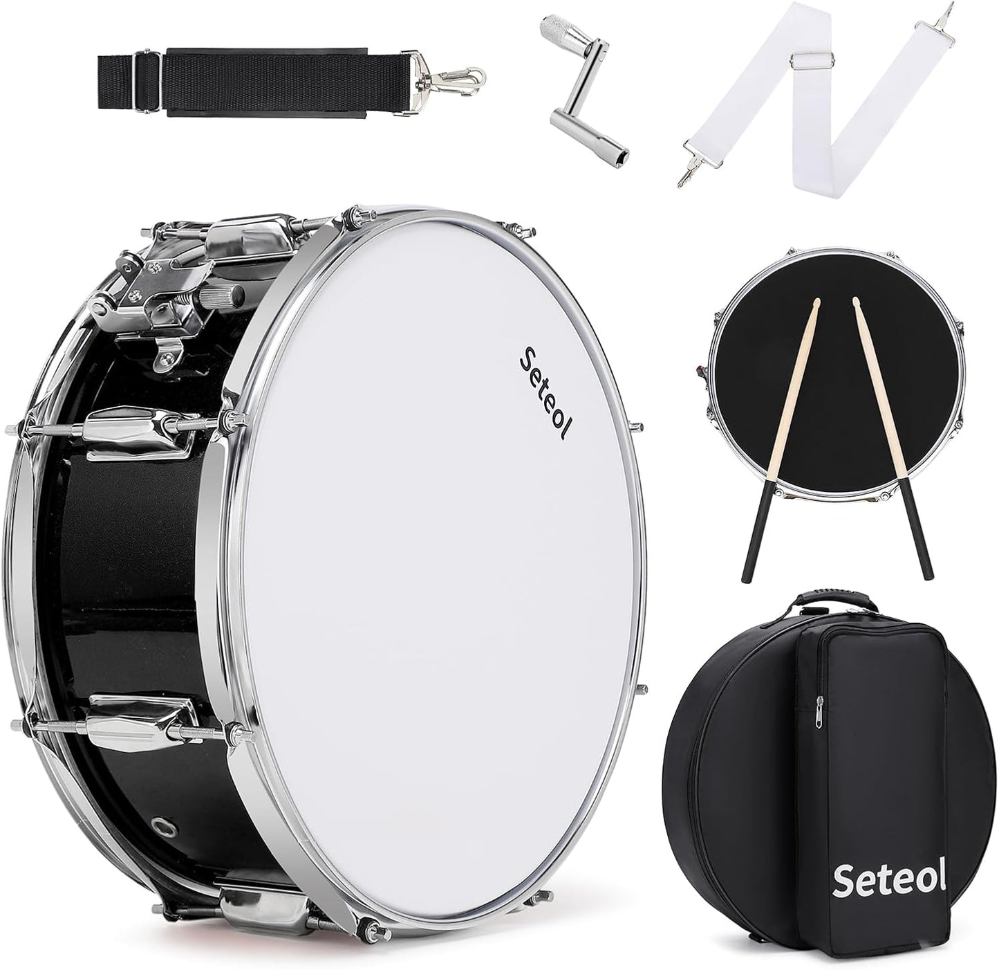 Snare Drum Kit, 14" x 5.5" Marching Snare Drum + Storage Padded Bag + Silent Mute Pad + Pair Of 5A Drumsticks + Drums Key, Portable Drums Hardware Set for Adults Kids Student Beginners (Black)