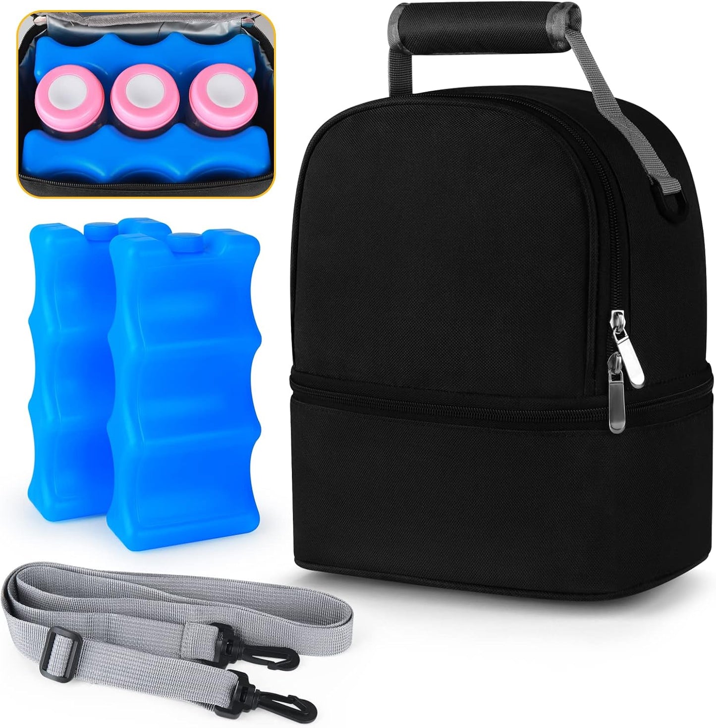 Accmor Breastmilk Cooler Bag with Ice Pack, Breast Pump Bag with Cooler Fits 6 Bottles, Double Layer Breast Milk Cooler Travel Bag for Nursing Mom Daycare, Work, Travel