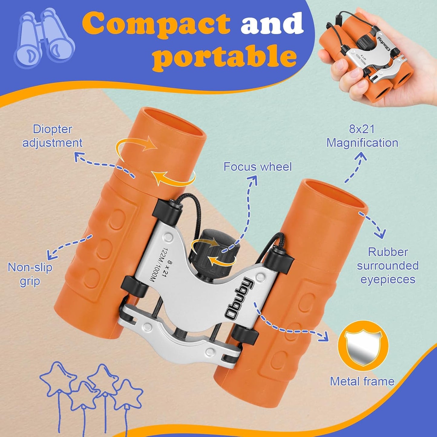 Obuby Real Binoculars for Kids Gifts for 3-12 Years Boys Girls 8x21 High-Resolution Optics Compact Toy Binocular for Bird Watching,Travel, Camping