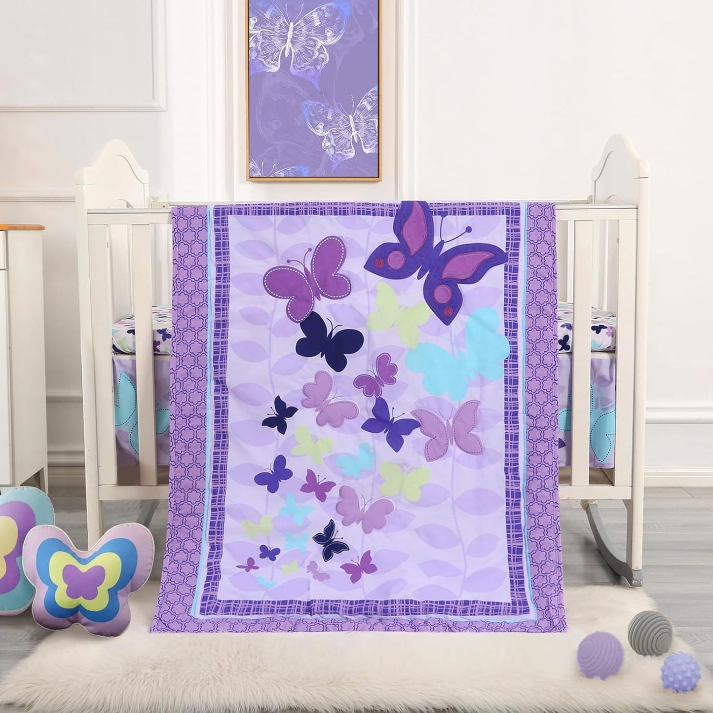 Wowelife Butterfly Mini Crib Bedding Set, 3 Piece Baby Bedding Set Butterfly, Mini Crib Nursery Bed Set, Breathable and Soft with Sheet Sets for Baby Girl, Purple