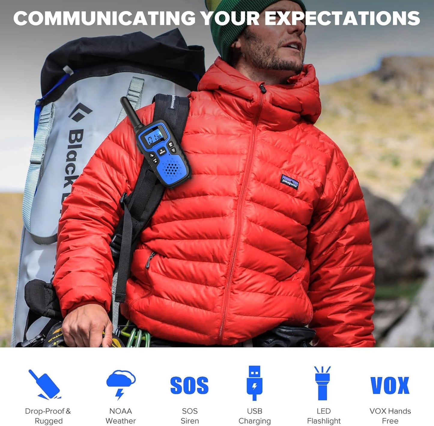 Wishouse Walkie Talkies for Kids Adults - Long Range Rechargeable 2 Way Radios,Gift,Hiking Accessories Camping Gear with Lamp,SOS Siren,NOAA Weather Alert,VOX,Easy to Use Blue Green 2 Pack
