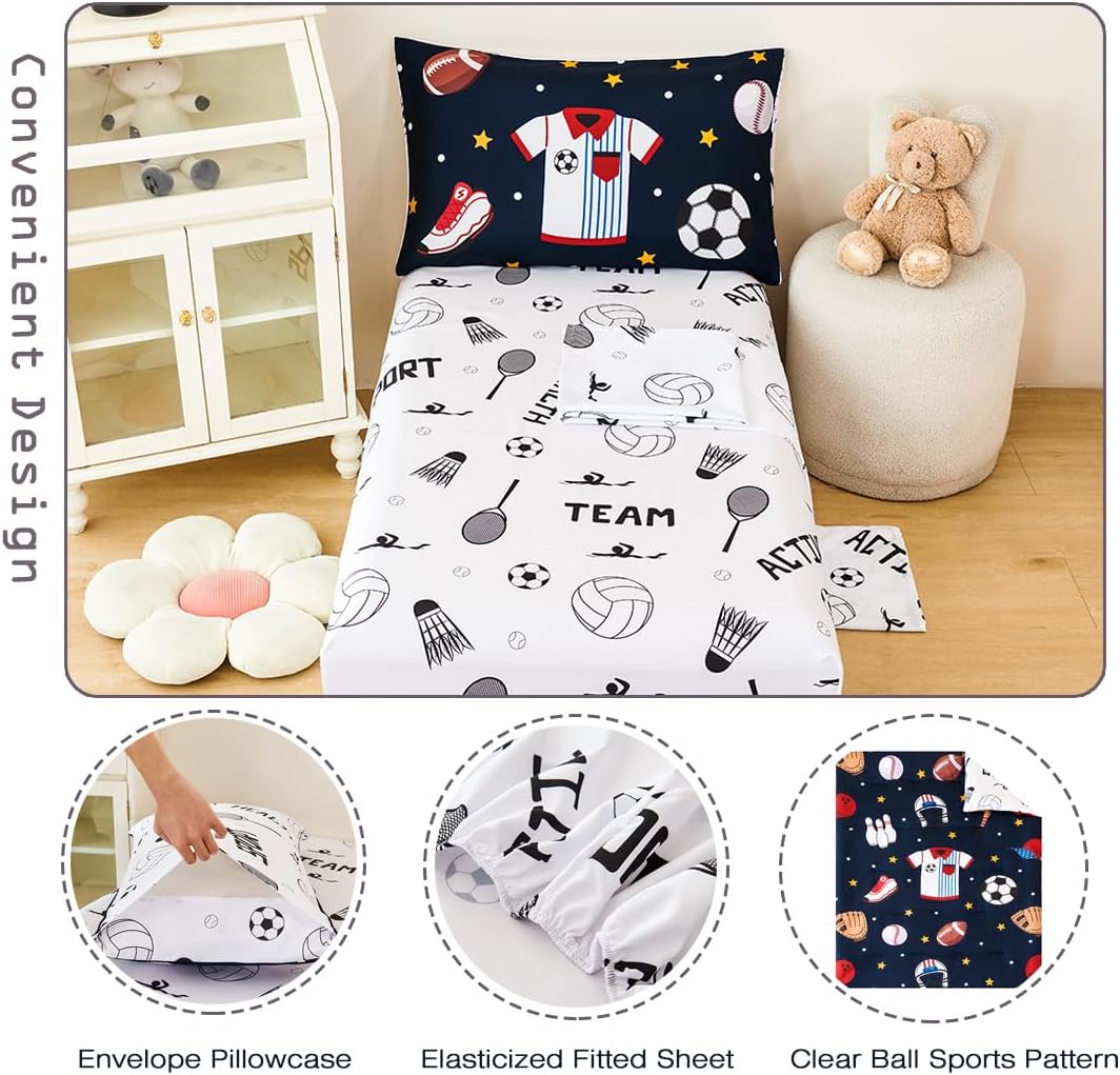 PERFEMET Sports Bedding Set Twin Size 4 Pcs Reversible Ball Sport Theme Comforter Set for Boys Girls Soft Reversible Navy Blue Baseball Football Kids Bed in a Bag(Sport, Twin)