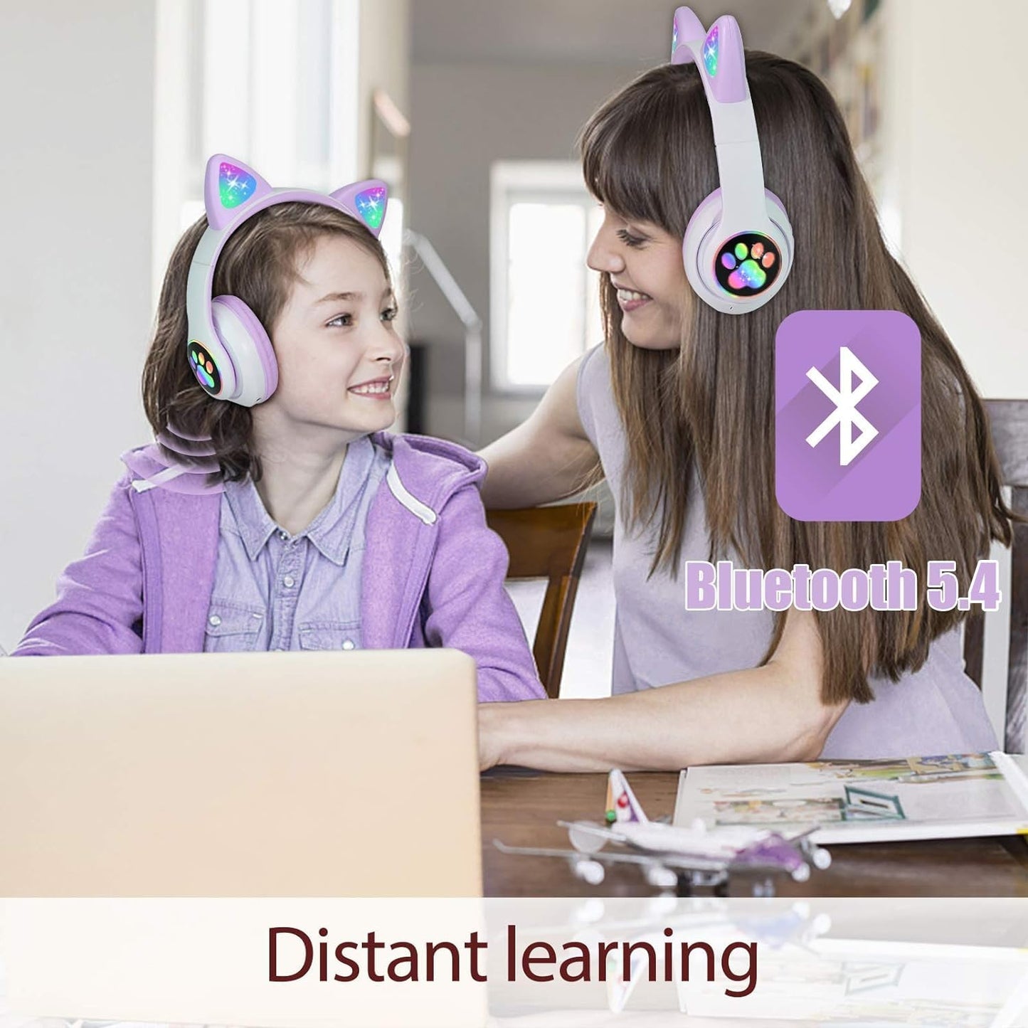 TCJJ Kids Wireless Headphones - Cat Ear LED Light Up, Bluetooth 5.4, Safe Volume Limit, Noise Cancelling with Mic & TF Card for Girls Boys Toddlers School (Purple)