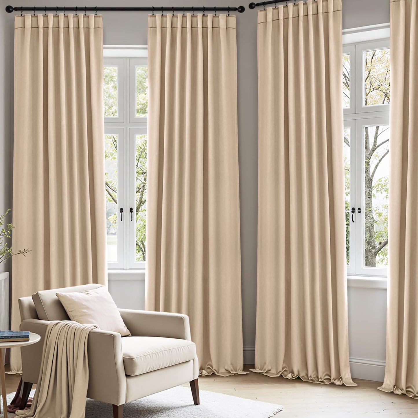 ANRODUO Back Tab Blackout Curtains for Bedroom Living Room, Rod Pocket Pinch Pleated Thermal Insulated Room Darkening Curtains 63 Inches Long 2 Panels, Beige, 42 x 63 Inch