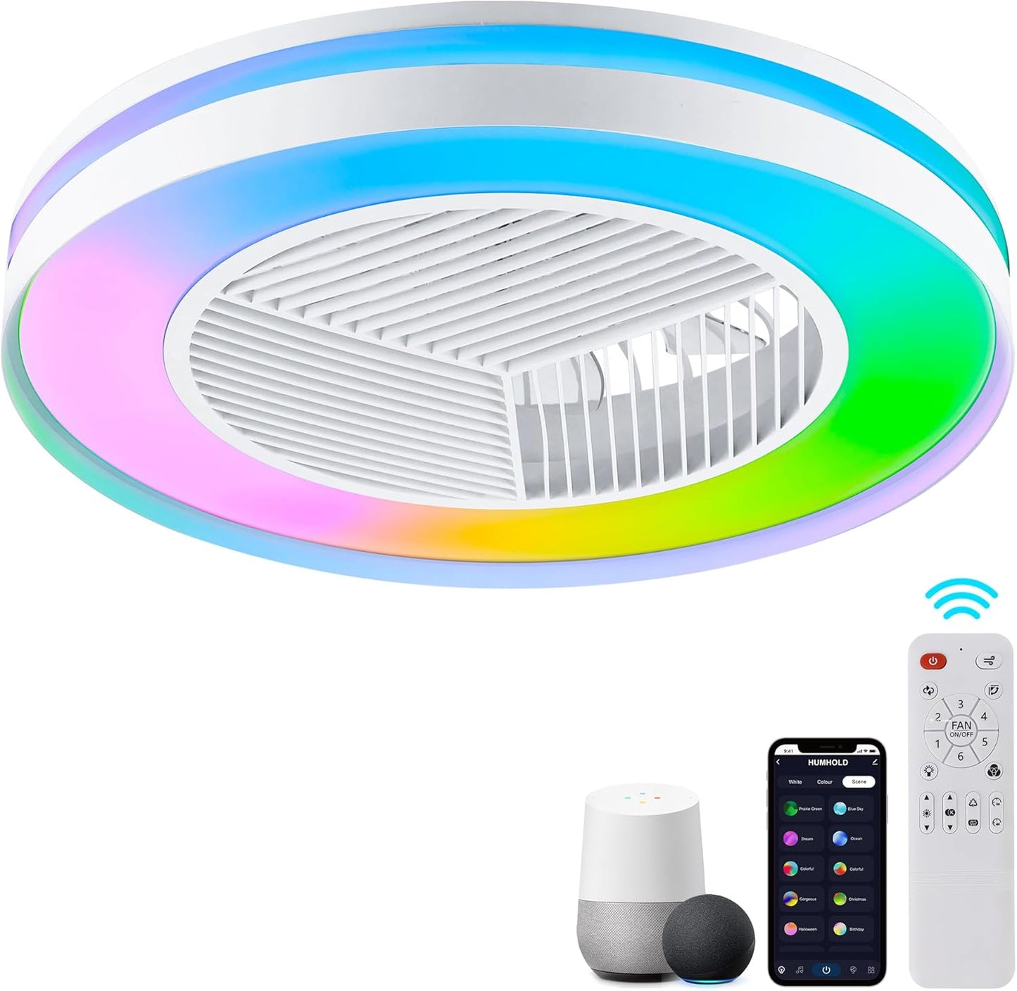 Smart Low Profle Ceiling Fans with RGB Lights Remote/APP/Voice Control, 20" Bladeless Ceiling Fans with 6 Speeds, Timer, Quiet DC Motor, Ceiling Fan with Light for Kids Bedroom/Living Room