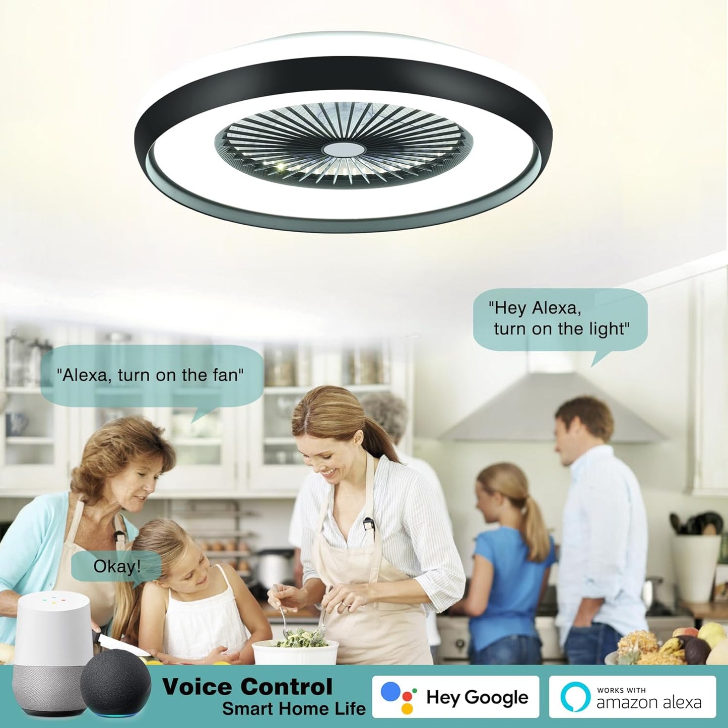 24" Bladeless Ceiling Fan with RGB Light Remote, Smart LED Ceiling Fans with Voice/App Control, Modern Low Profile Dimmable Light Ceiling Fan for Bedroom Living Room