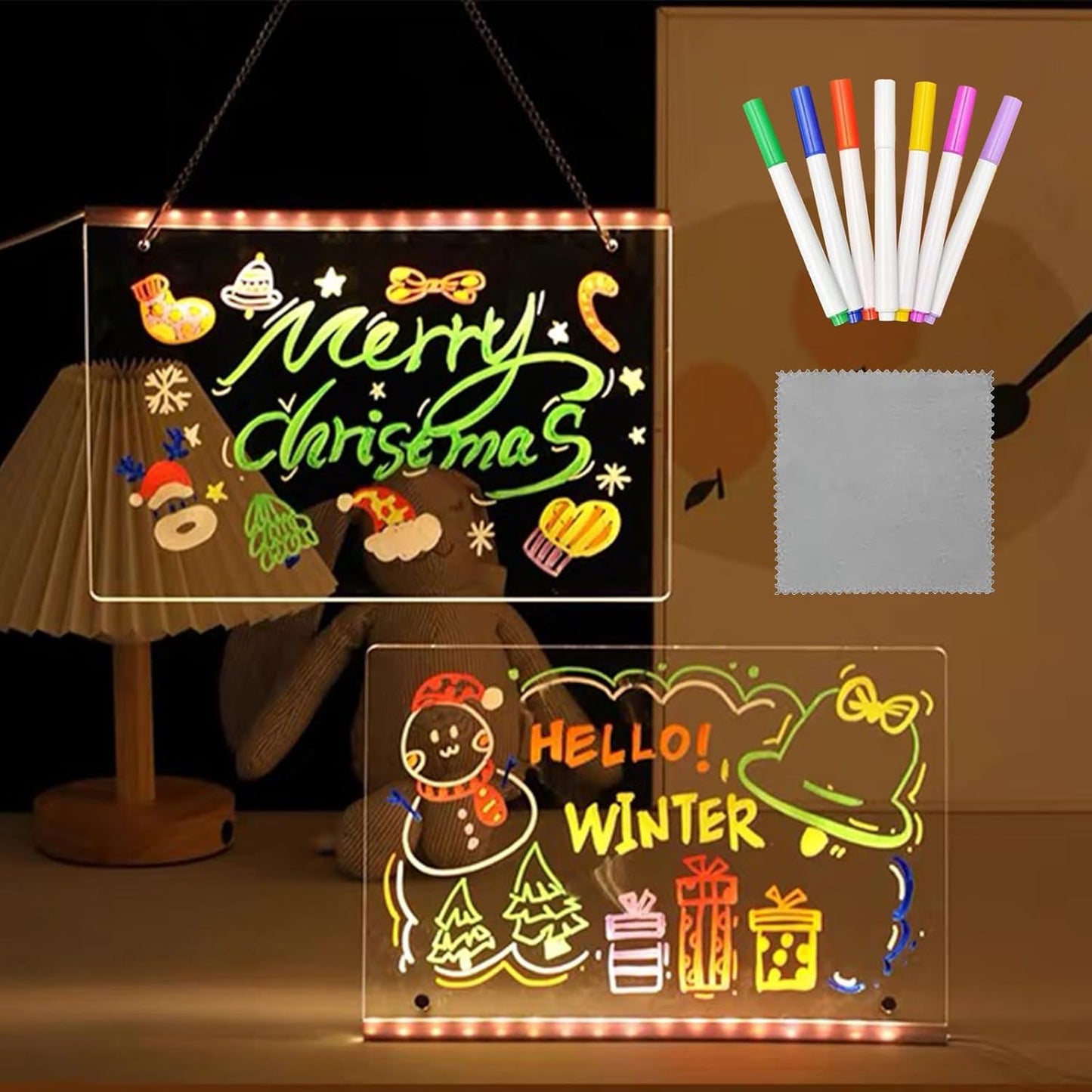 Led Drawing Board, Acrylic Dry Erase Board with Bracket, 15.7" X 11.8" Glow Writing Board, Led Note Board Comes with 7 Drawing Pens and 5 Cartoon Doodle Paper for Office School Home