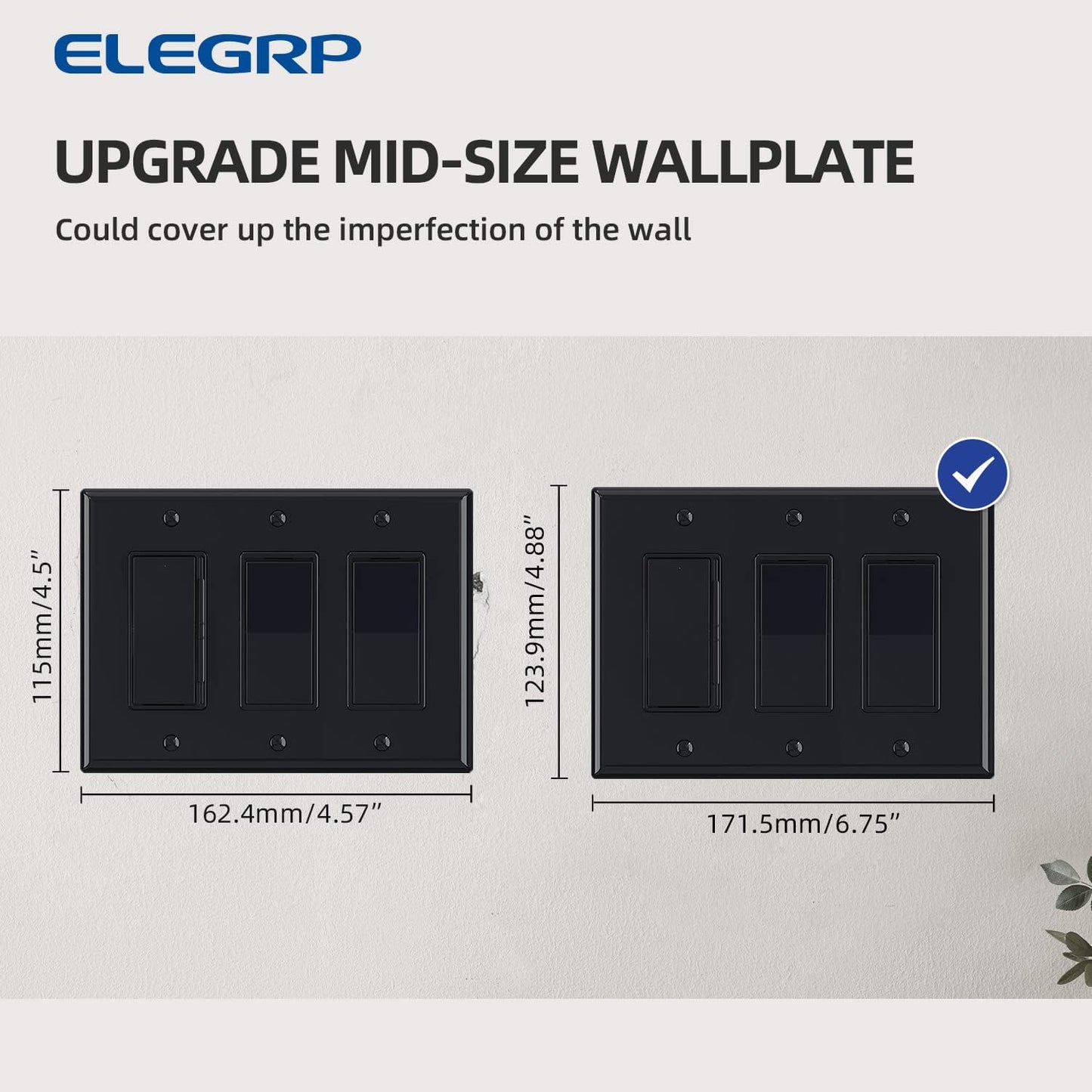 ELEGRP 3-Gang Decorative Wall Plates, Mid-Size 4.88" H x 6.75" L Unbreakable Thermoplastic Faceplate Cover for Decorator Receptacle Outlet Switch, UL Listed (5 Pack, Glossy Black)