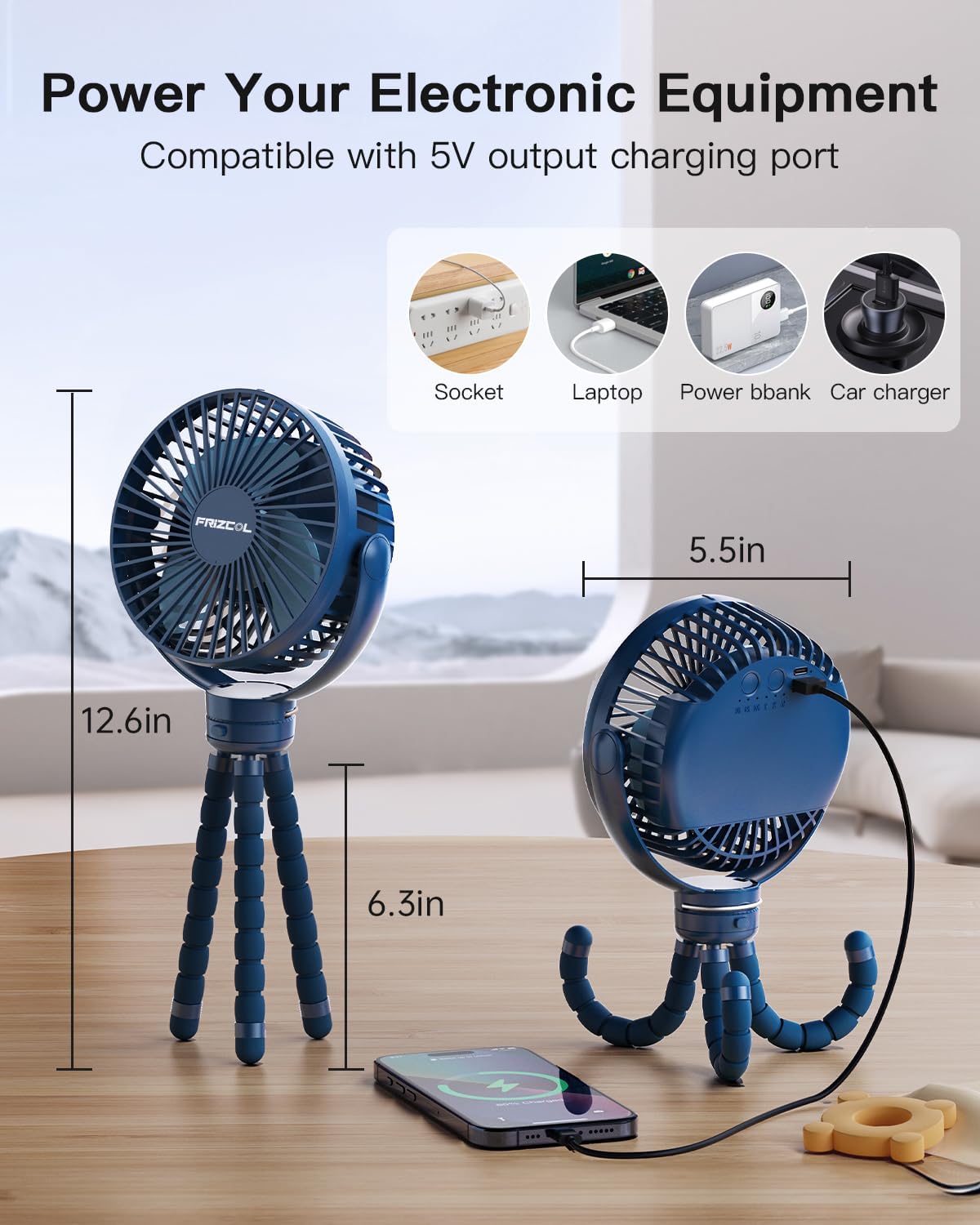 FRIZCOL 12000mAh Portable Stroller Fan, Use As Power Bank, 65H Battery Operated Fan Flexible Tripod Clip On Fans, Detachable Personal Handheld Baby Fans for Stroller, Car seat, Desk, Treadmill (Blue)