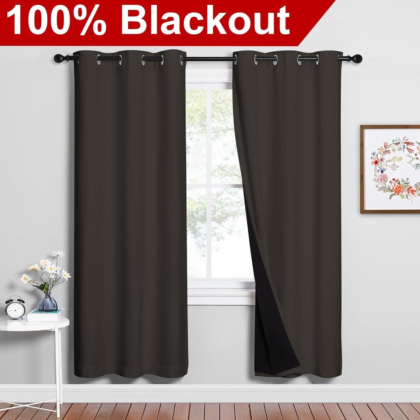 NICETOWN 100% Blackout Window Curtain Panels, Brown, 2 Pieces, 42-inch Wide Per Panel, Full Light Blocking Drapes with Black Liner for Nursery, 72-inch Drop Thermal Insulated Draperies