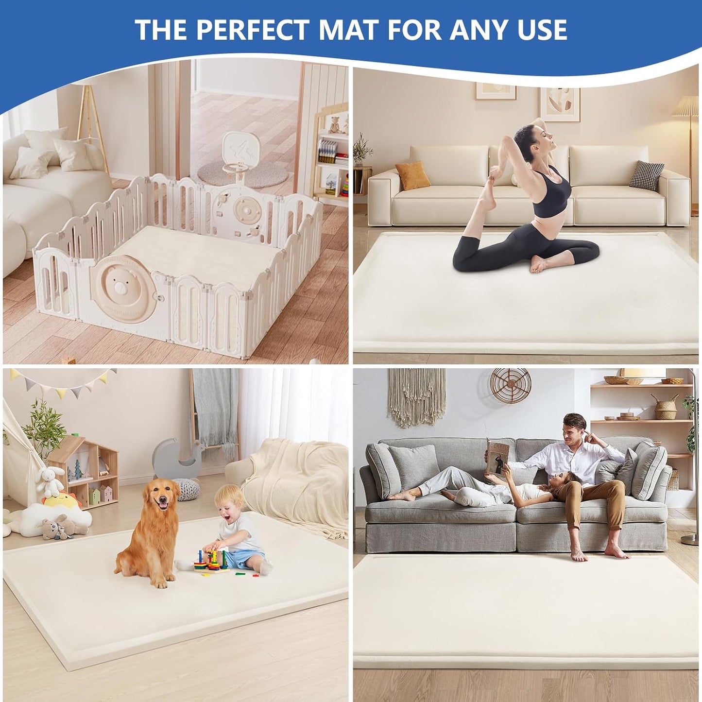 Baby Play Mat for Floor,1.3" Thick Elasti-Foam 50x50 Playpen Mat for Toddlers Infant Kids,Water-Repellent Soft Coral Velvet for Tummy Time,Non-Slip Backing for Crawling,Tatami Style(Cream)