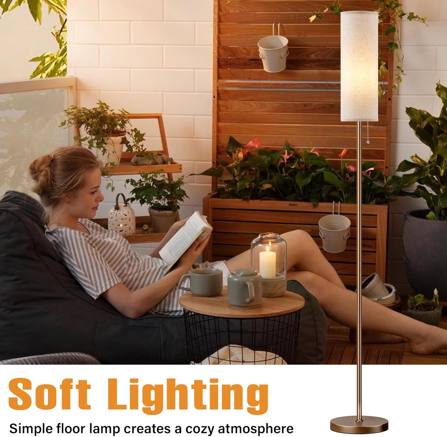 Ambimall Floor Lamp for Living Room with 3 Color Temperatures Bulb, 64" Standing lamp with Linen lampshade for Bedroom, Minimalist Pole Lamp, Dark Beige Shade & Brown Pole