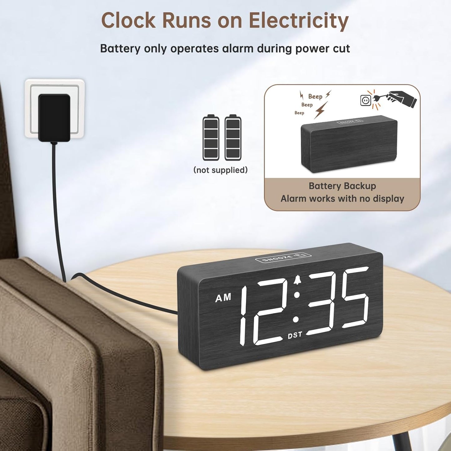DreamSky Wooden Digital Alarm Clock for Bedroom - Loud Alarm Clock for Heavy Sleepers with Volume Control, Desk Clocks for Living Room with Large Numbers, Dimmer, DST, Wood Decor (Adapter Powered)