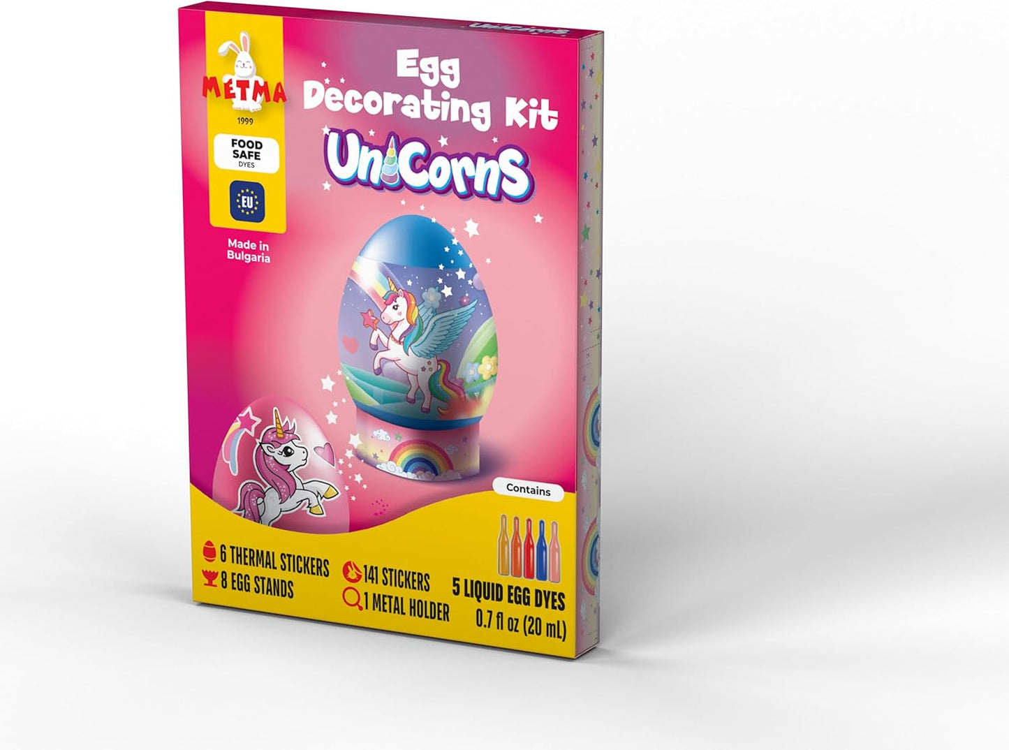 METMA 1999 Egg Decorating Kit Unicorns - Complete Decorative Eggs Set with Liquid Dyes, Stickers, Egg Spinner, and More - Fun Easter Egg Dye Kit Arts and Crafts for Kids