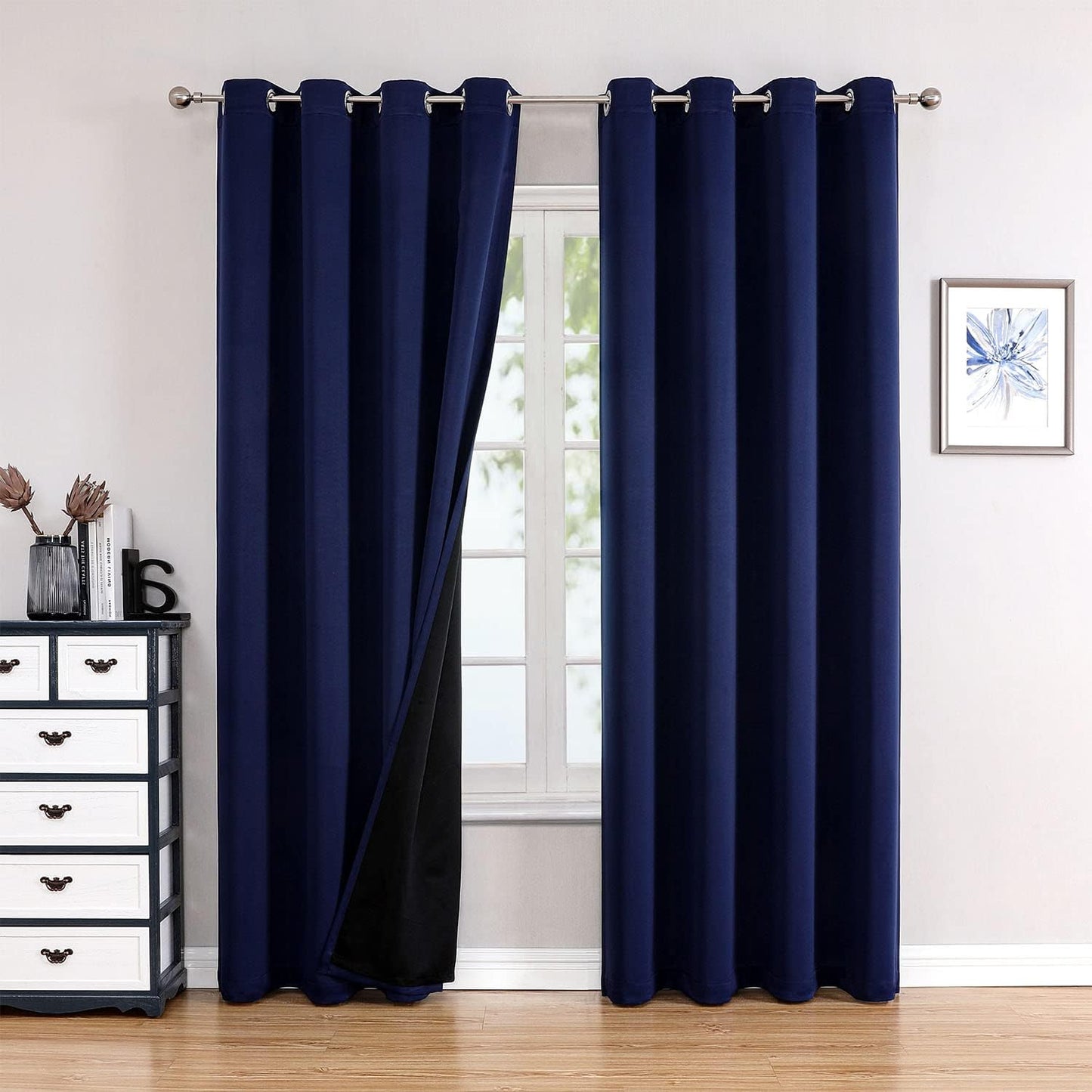 ChrisDowa 100% Blackout Curtains for Bedroom with Black Liner, 2 Thick Layers Total Blackout Thermal Insulated Grommet Long Window Curtains 2 Panels Set (Navy Blue, 52 x 95 Inch)