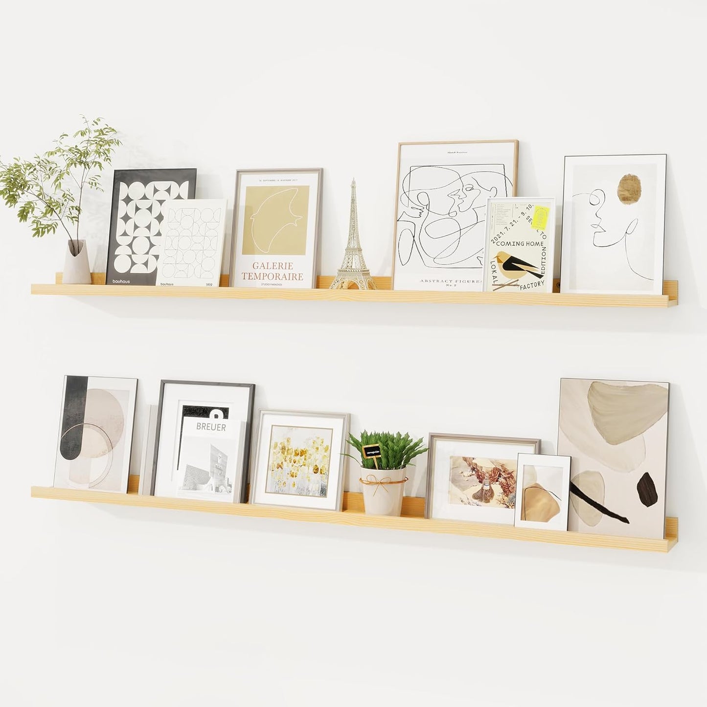 Picture Ledge Shelf, Solid Pine Wood Floating Shelves Set of 2, 48 Inches Nursery Book Shelves for Toys Storage, Kids Bookshelf Wall Mounted for Living Room Bedroom Decor Books Photo Frames, Natural