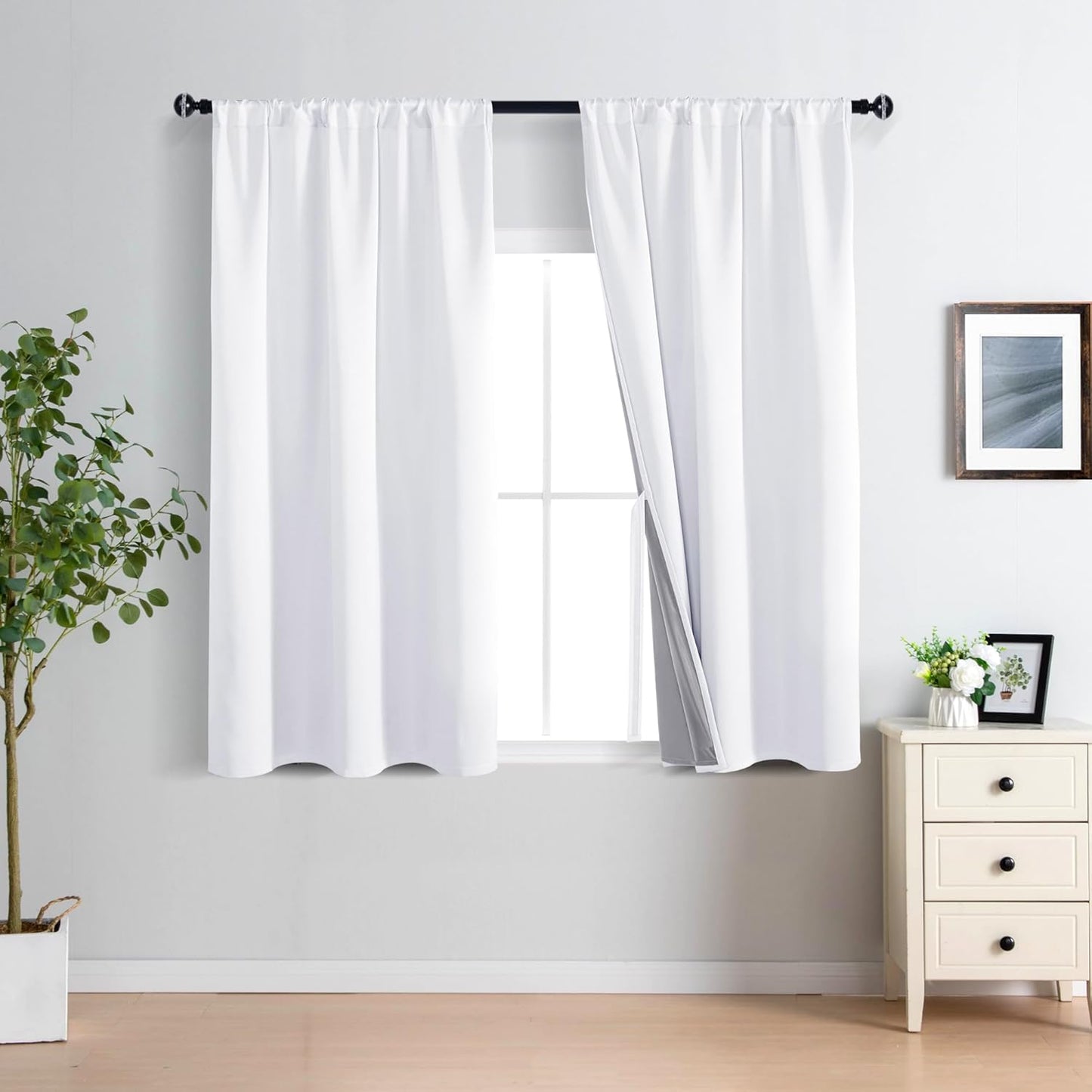 XWZO White 100% Blackout Curtains with Tiebacks- 2 Thick Layers Completely Shaded Rod Pocket Window Treatment Thermal Insulated Lined Drapes for Bedroom/Laundry, White, W42 x L45, Set of 2 Panels