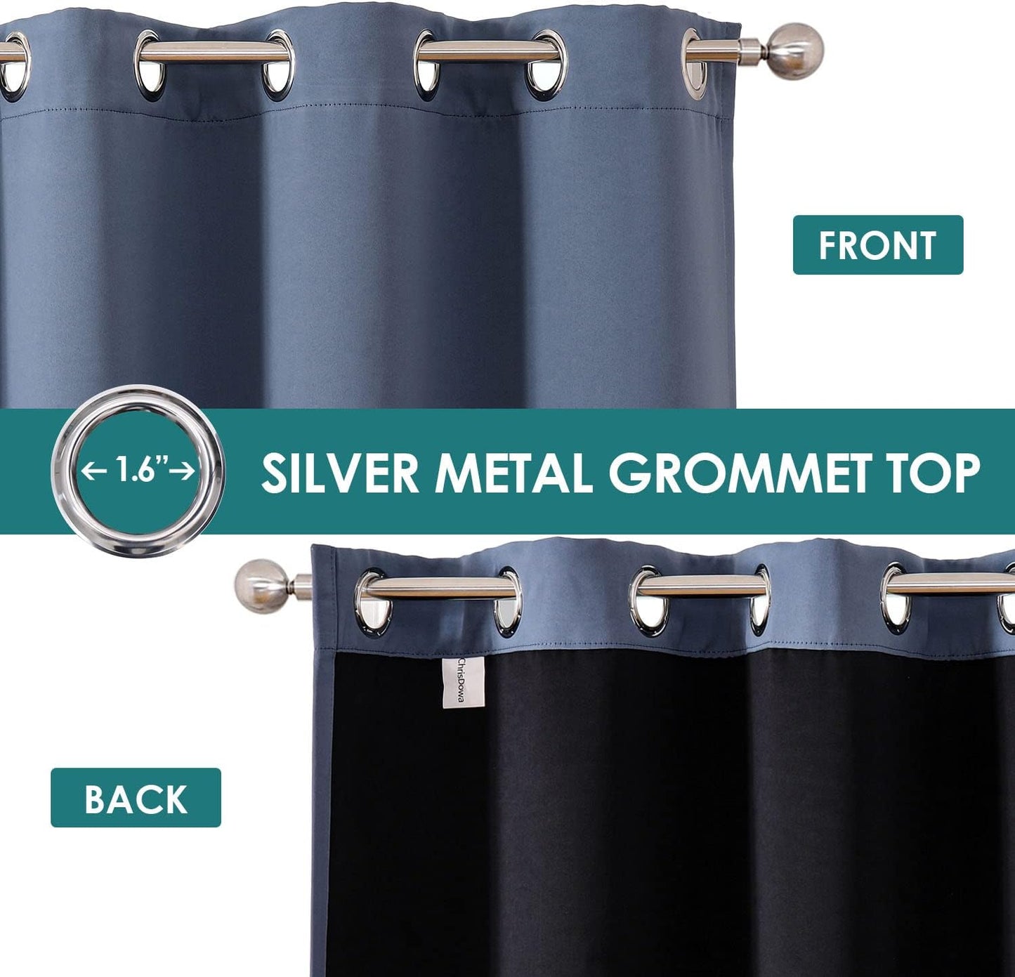 ChrisDowa 100% Blackout Curtains for Bedroom with Black Liner, 2 Thick Layers Total Blackout Thermal Insulated Grommet Window Curtains 2 Panels Set (Stone Blue, 52 x 63 Inch)