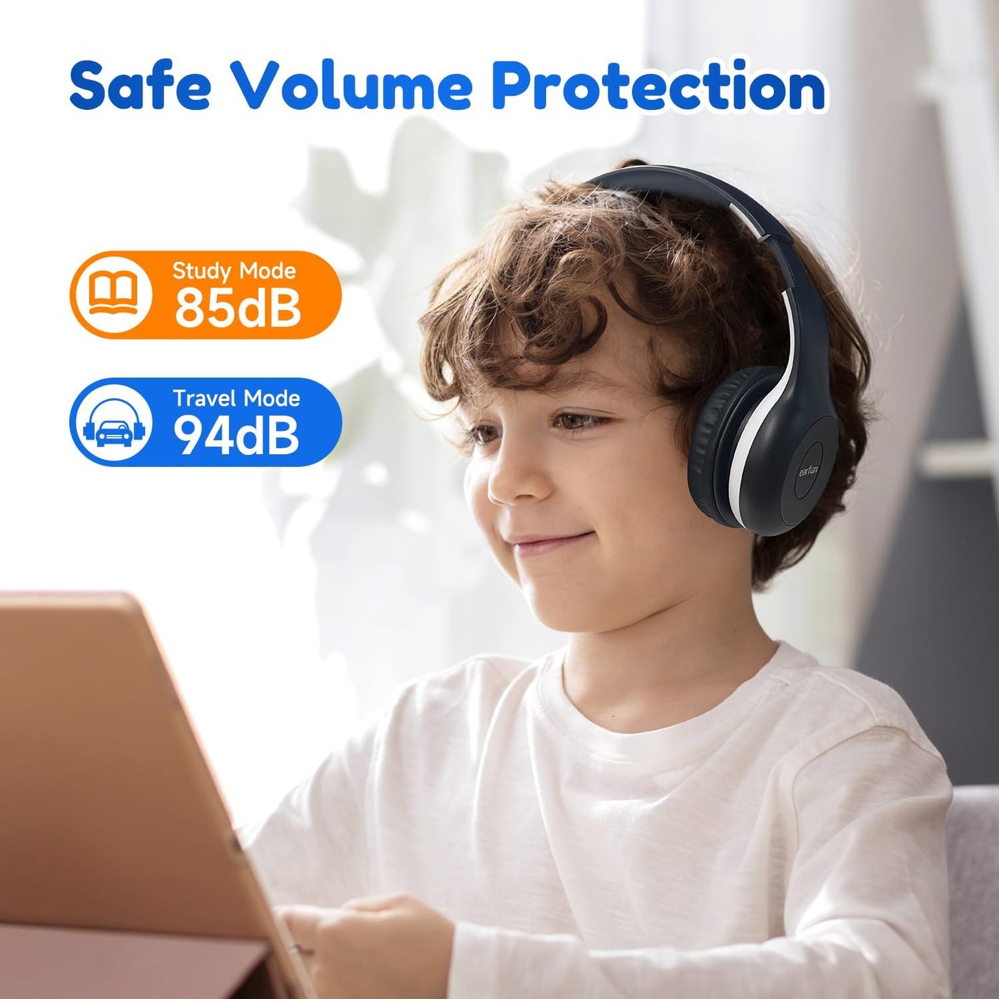 EarFun K2 Kids Bluetooth Headphones, Kids Headphones with Volume Limited, 40H Playtime, Built-in Mic, Stereo Sound, Foldable Over-Ear Headphone for School/Travel/iPad/Tablet, Black