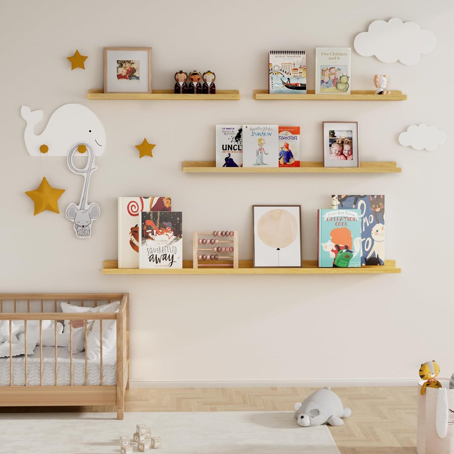 Picture Ledge Shelf for Wall, Floating Shelves Set of 4, 24 Inch Long Nursery Book Shelves for Toys Storage, Kids Bookshelf Wall Mounted for Books Photo Frames, Oak