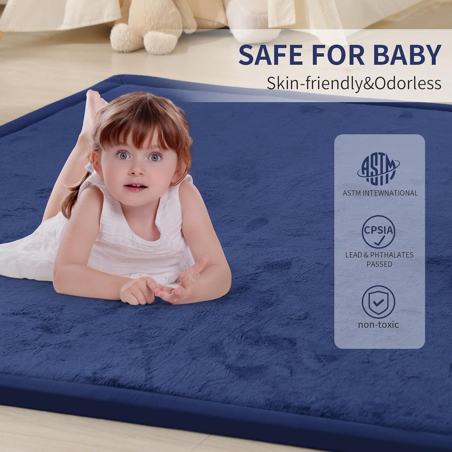 ACOMOPACK Baby Play Mat for Floor 1.3" Thick Memory Foam Play Mat 79"×157 Tummy Time Crawling with Non-Slip Bottom for Living Room,Nursery,Soft Velvet Playpen Mats for Kids,Infants（Royal Blue）