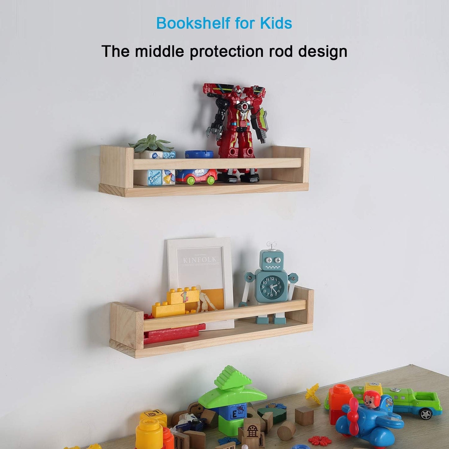 Nursery Floating Book Shelves for Kids Room, Kitchen Spice Rack, or Rustic Wall Mounted Shelves for Farmhouse Bathroom Decor (Natural Wood),Set of 2
