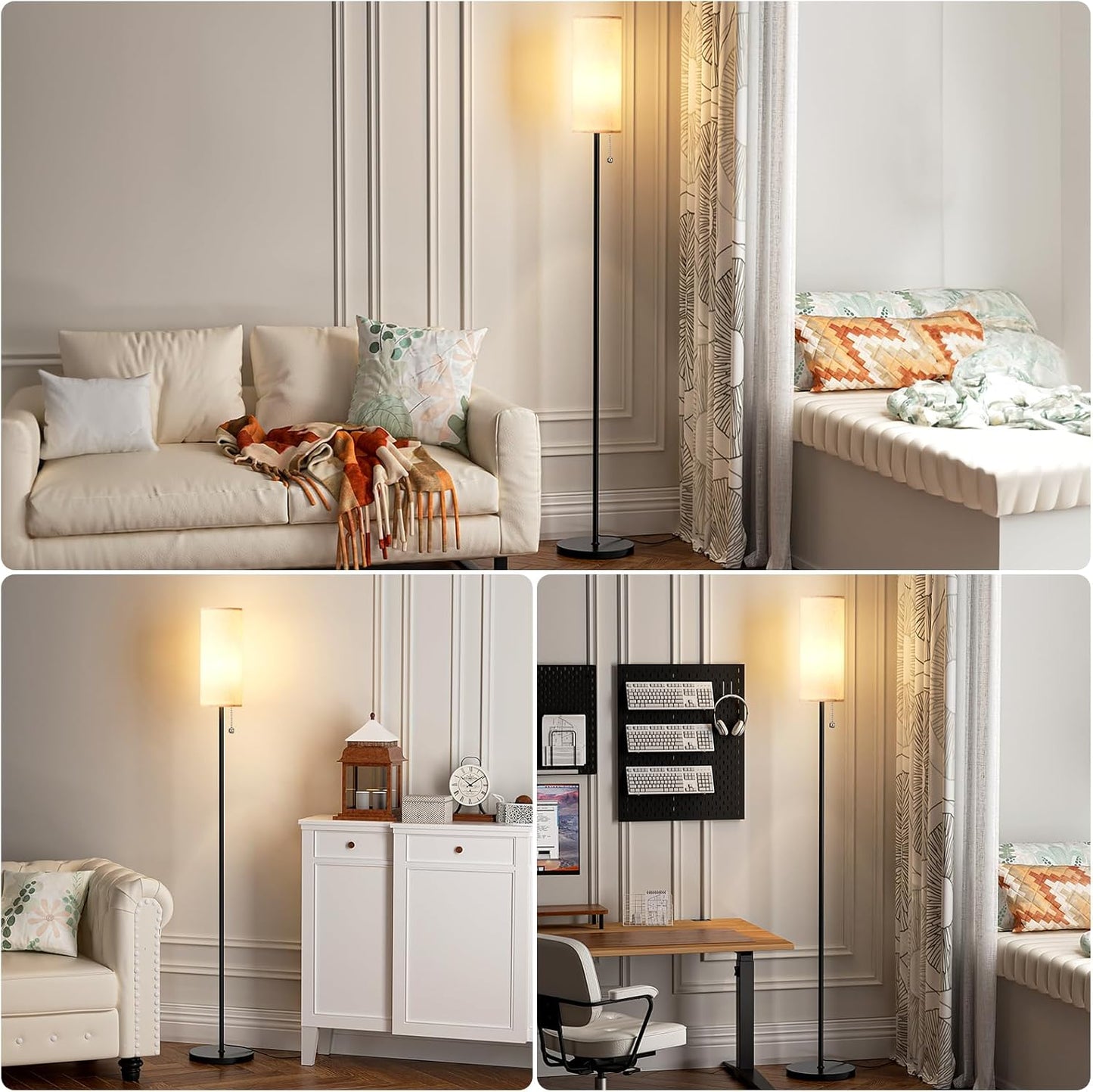 Ambimall Floor Lamp with 3 Color Temperatures Bulb Set of 2, 64" Standing lamp with Linen lampshade for Bedroom, Minimalist Pole Lamp, Beige Shade & Black Pole