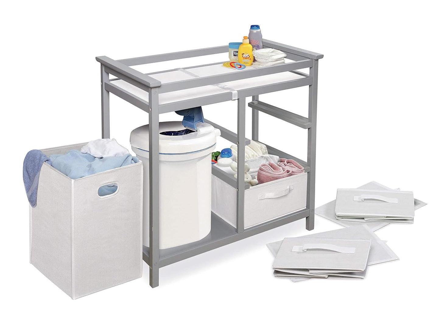 Badger Basket Modern Baby Changing Table - Portable Diaper Station with 3 Drawers Pad & Hamper - Storage Organizer for Baby Diapers & Toys - Gray/White