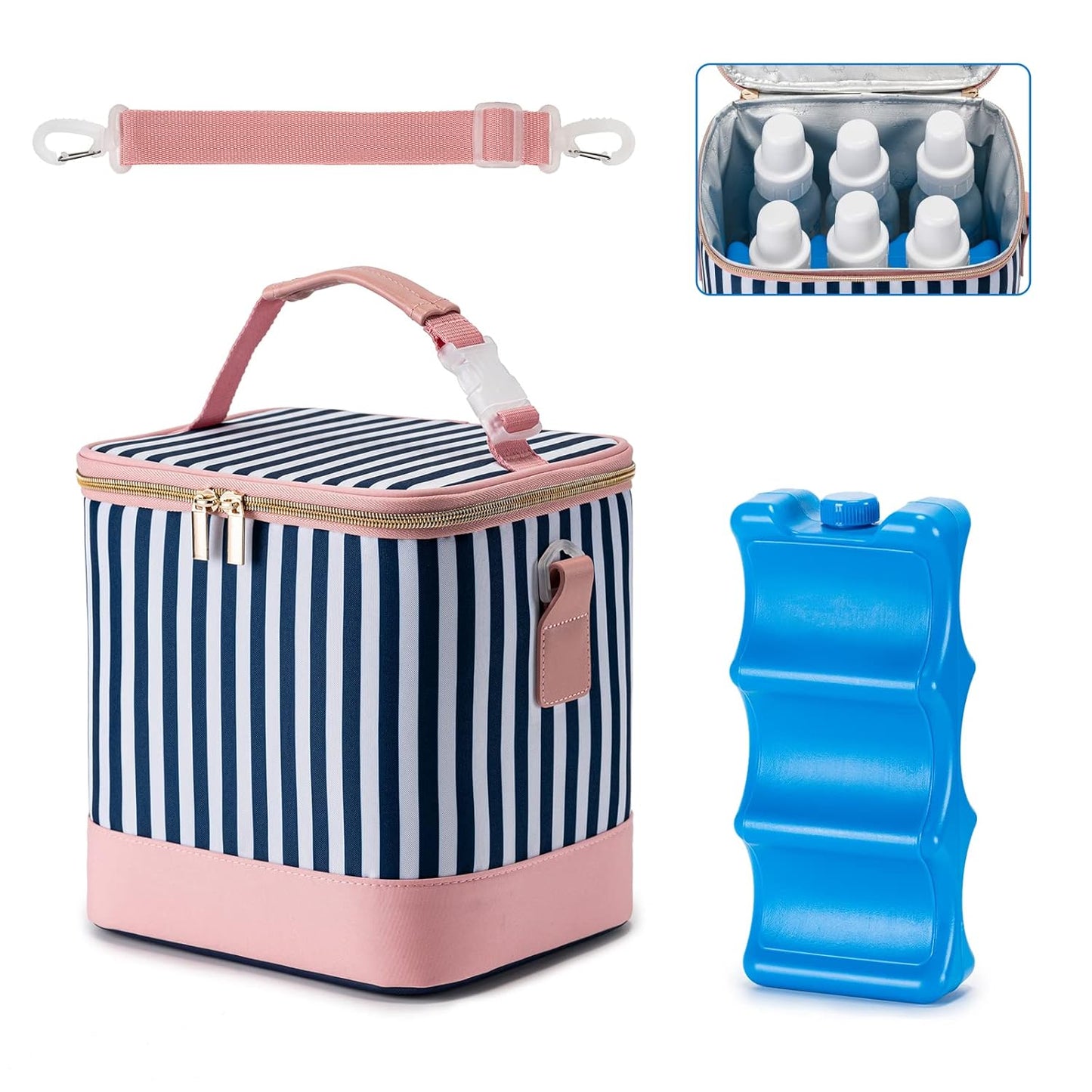 Breastmilk Cooler Bag with Ice Pack Fits 6 Baby Bottles Up to 9 Ounce, Baby Bottle Bag with Shoulder Strap for Nursing Mom Daycare, Straps