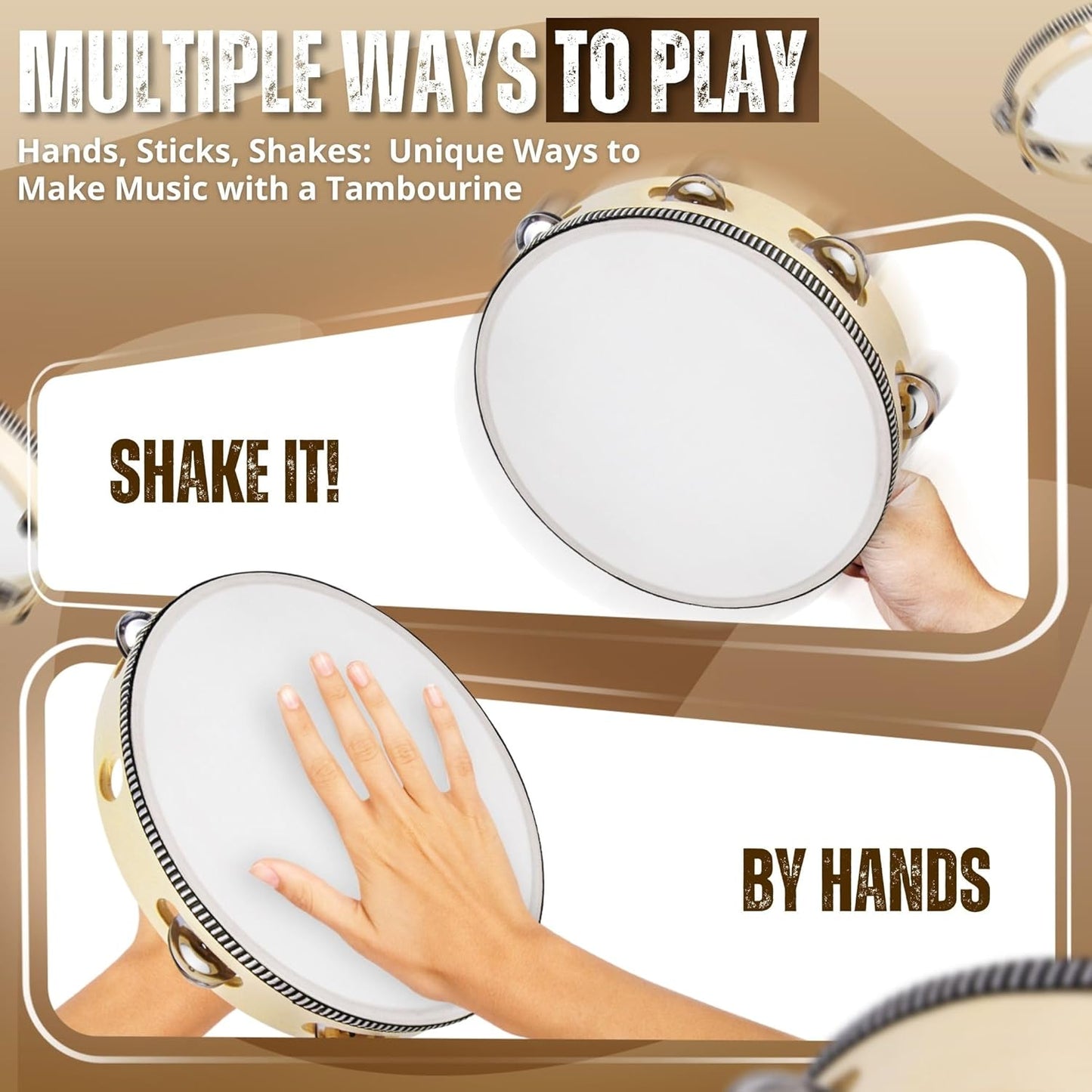 Flexzion Wood Handheld Tambourines - 8 and 6 Inch Set of 2 Pack, with Single Row Metal Jingle Bell (Wood) Hand Held Tambourine Percussion Drum Moon Musical Instrument